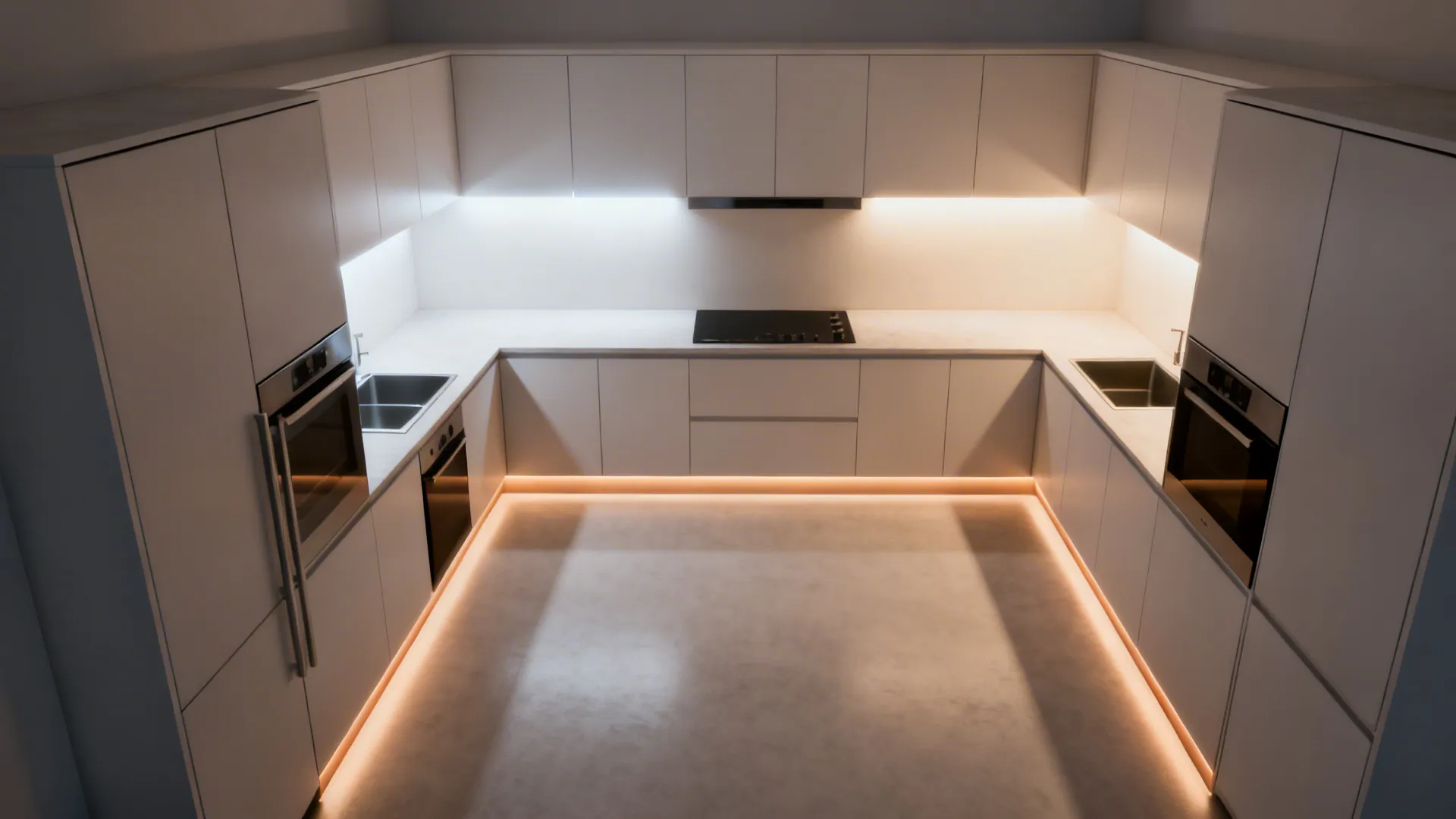 Top-down view of task, ambient, and accent lighting zones in a compact kitchen.