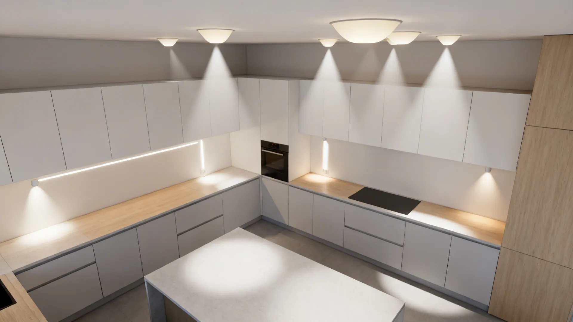 Top-down kitchen plan visualizing ambient, task, and accent lighting coverage.