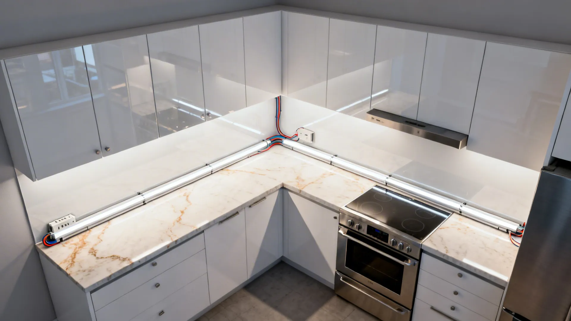 Top-down view showing reflective backsplash and continuous under-cabinet LED lighting zones.