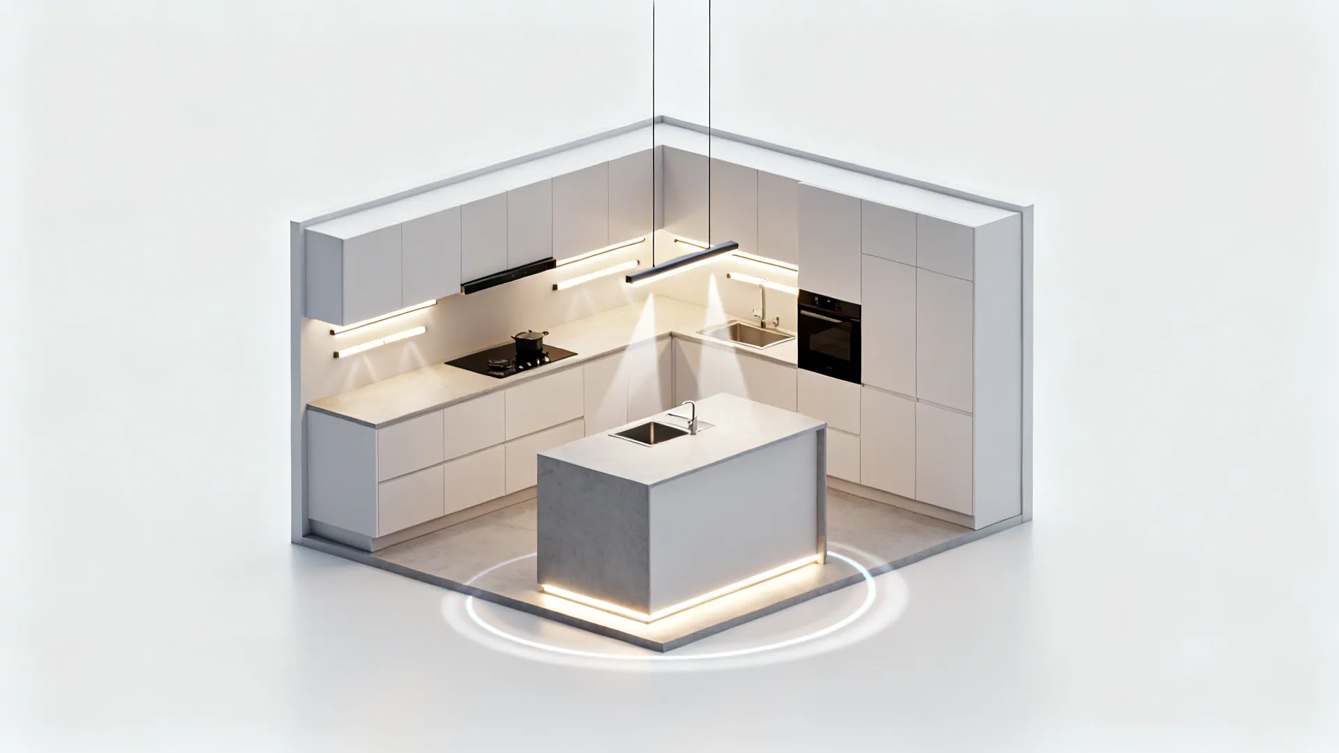 Top-down compact kitchen lighting plan showing task strips, a linear pendant, and toe-kick zones.