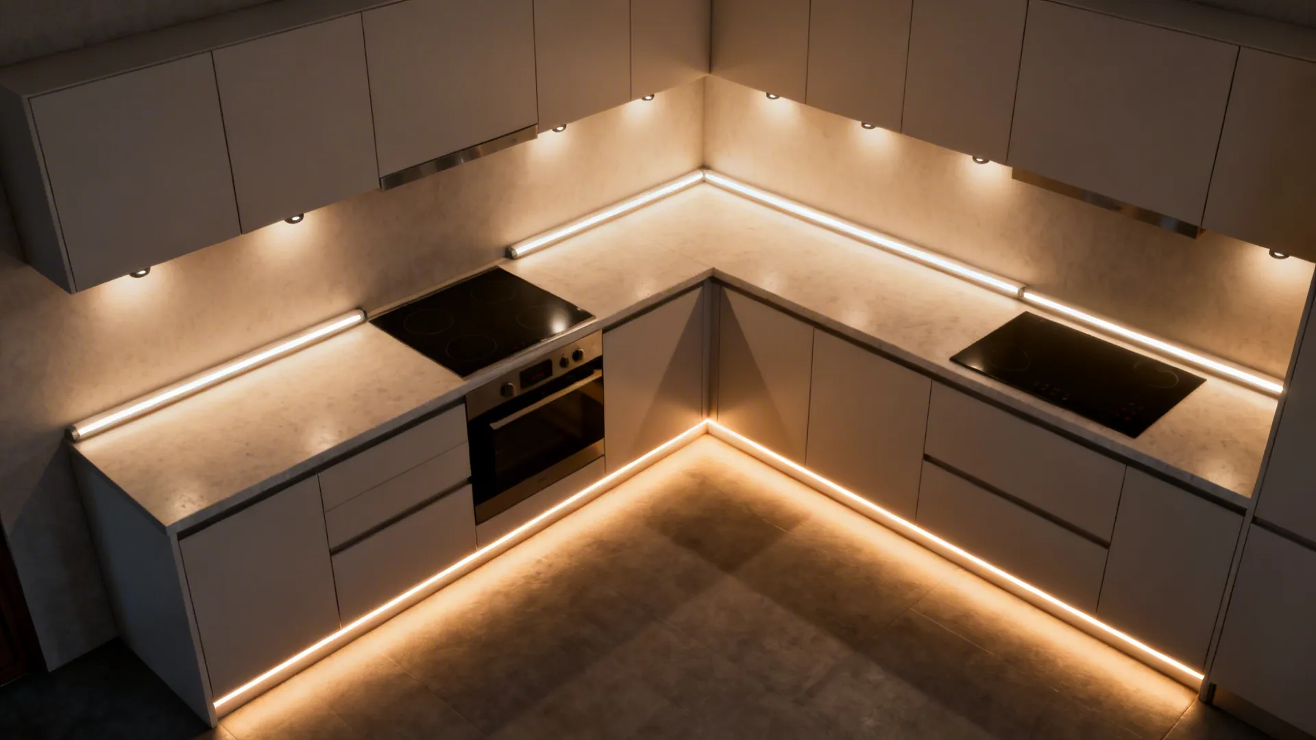Top-down view illustrating task strips, recessed ambient lights, and toe-kick accent in a small kitchen.
