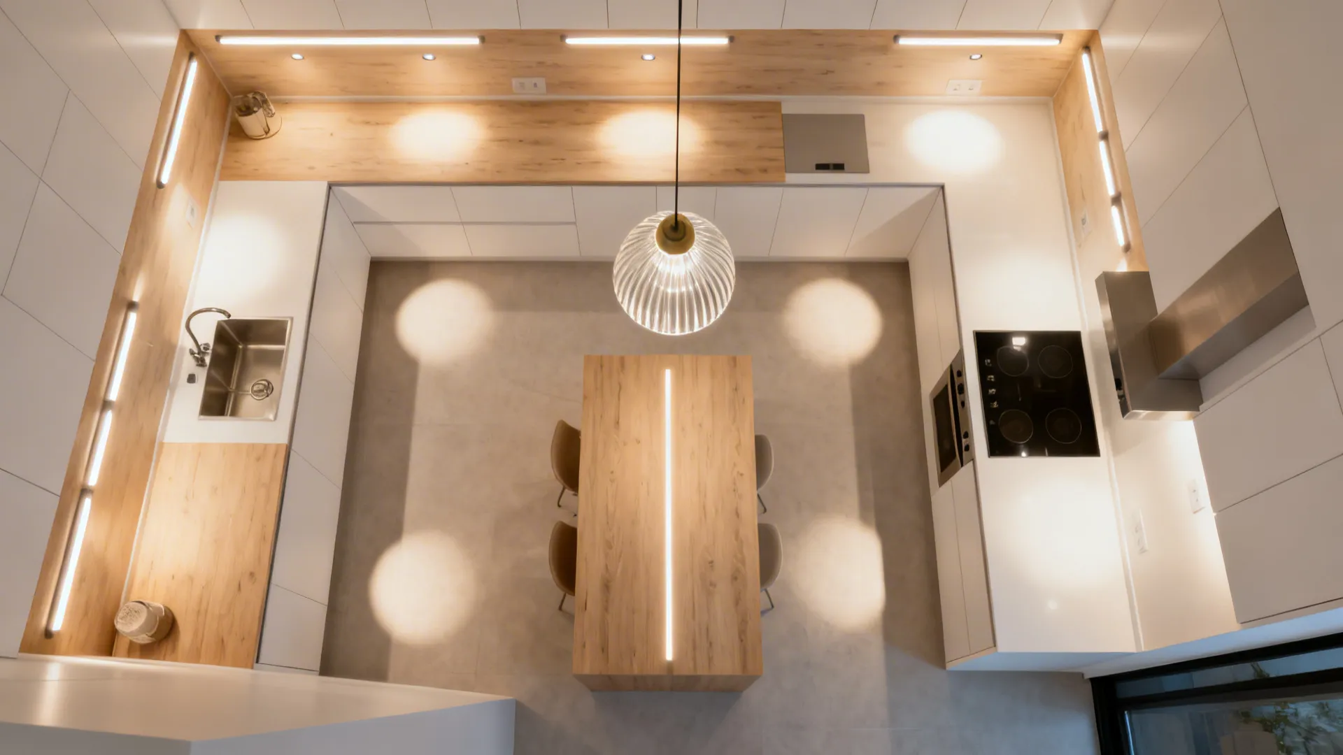 Top-down view showing under-cabinet LEDs, ambient fixtures, and a pendant over a slim island.
