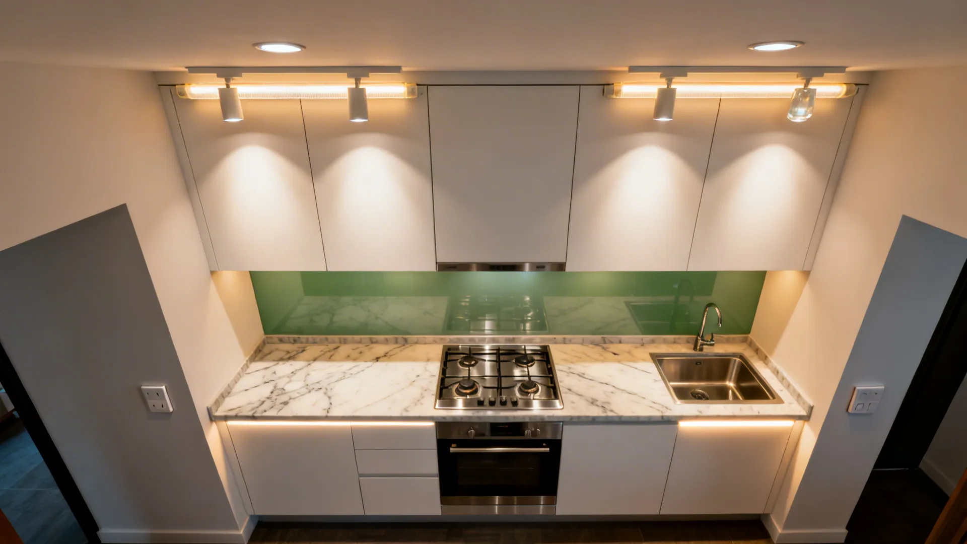 Top-down compact kitchen lighting plan with under-cabinet strips, hob spotlight, and ambient ceiling lights.