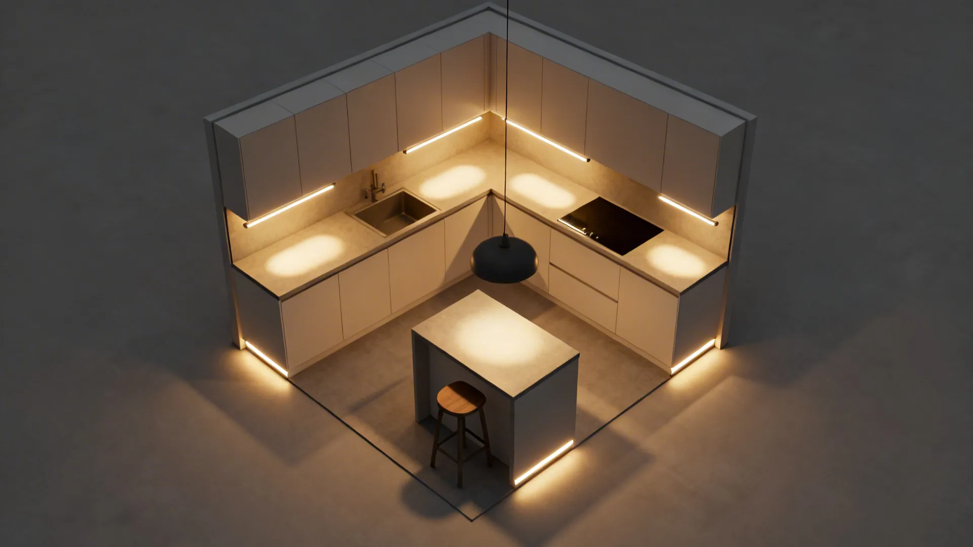 Light layering: under-cabinet, toe-kick, and pendants