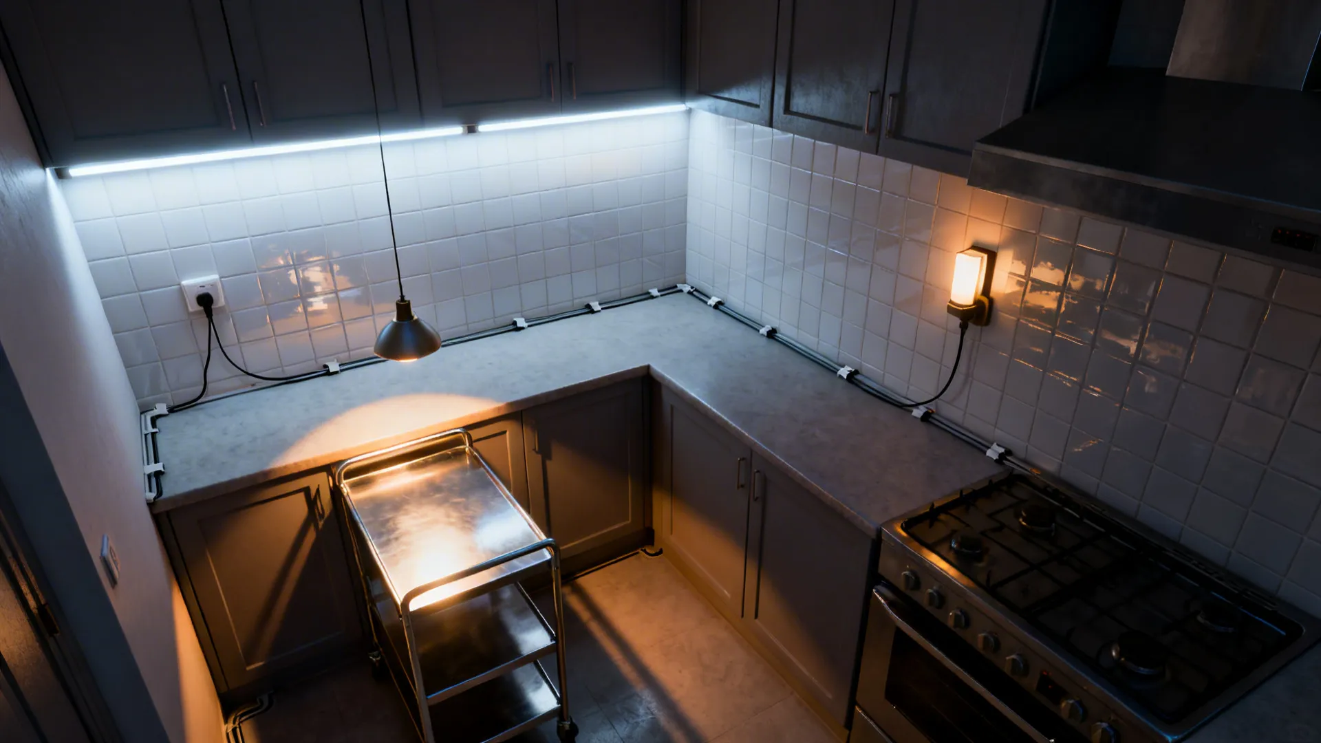 Top-down view showing LED under-cabinet strips, a plug-in sconce, and a small pendant in a small kitchen.