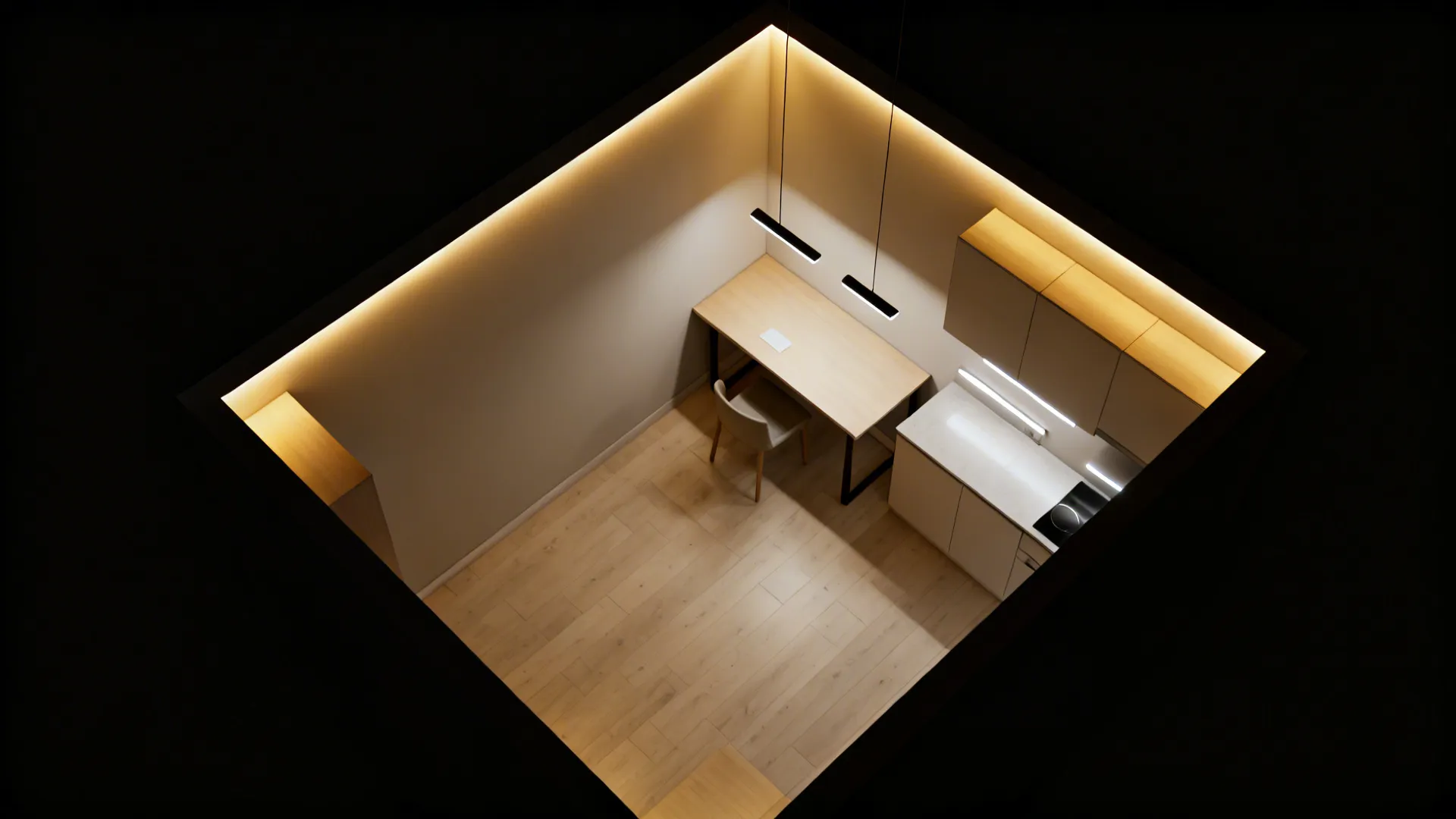 Top-down view of a compact home showing ambient, task, and accent lighting zones.