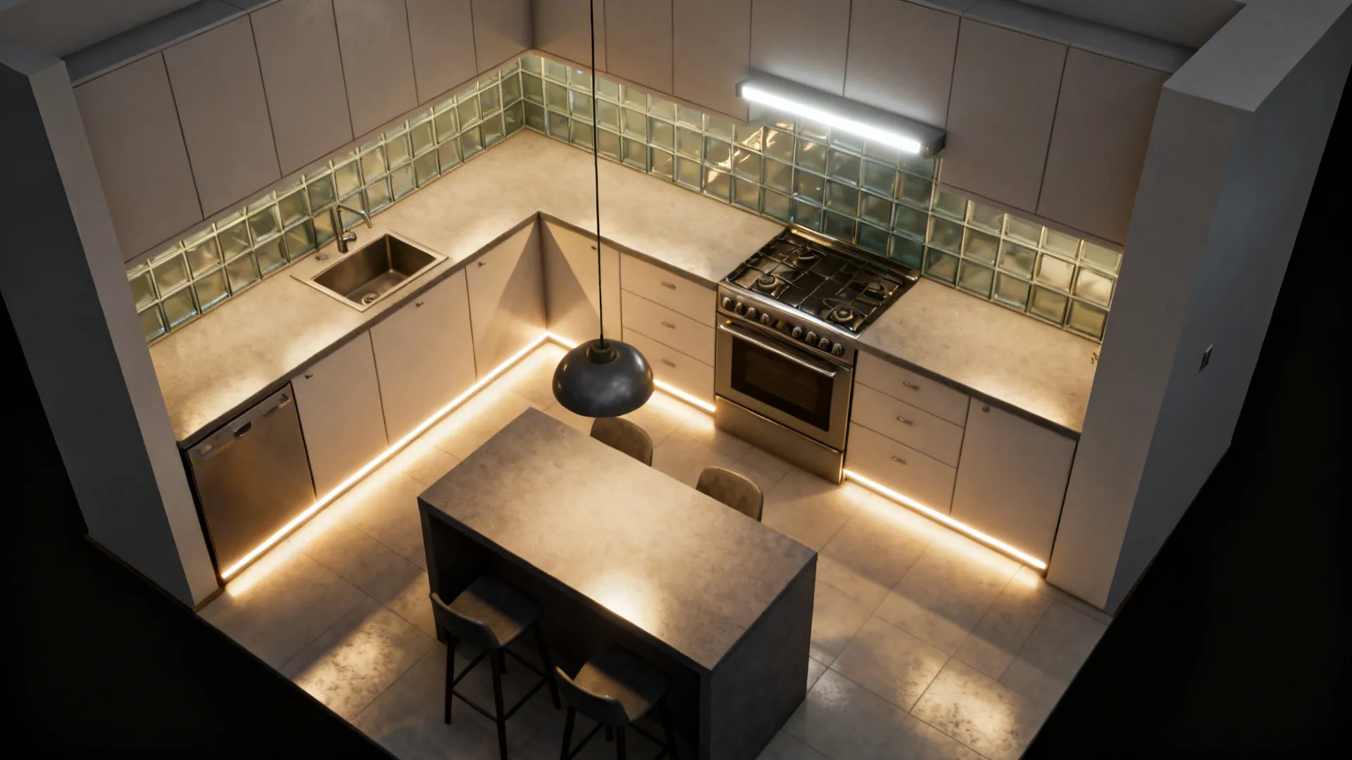 Top-down lighting plan with continuous under-cab strips, a pendant, and a linear over the cooktop.