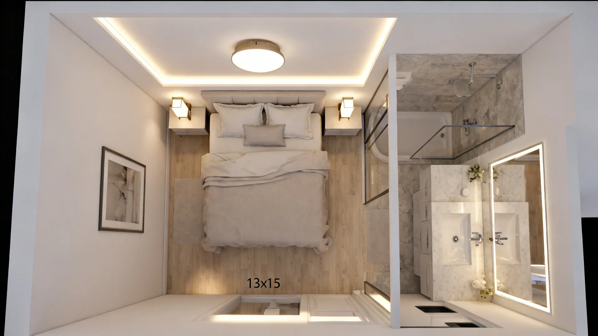 Top down interior design drawing of small bedroom and bathroom with ceiling lights and furniture