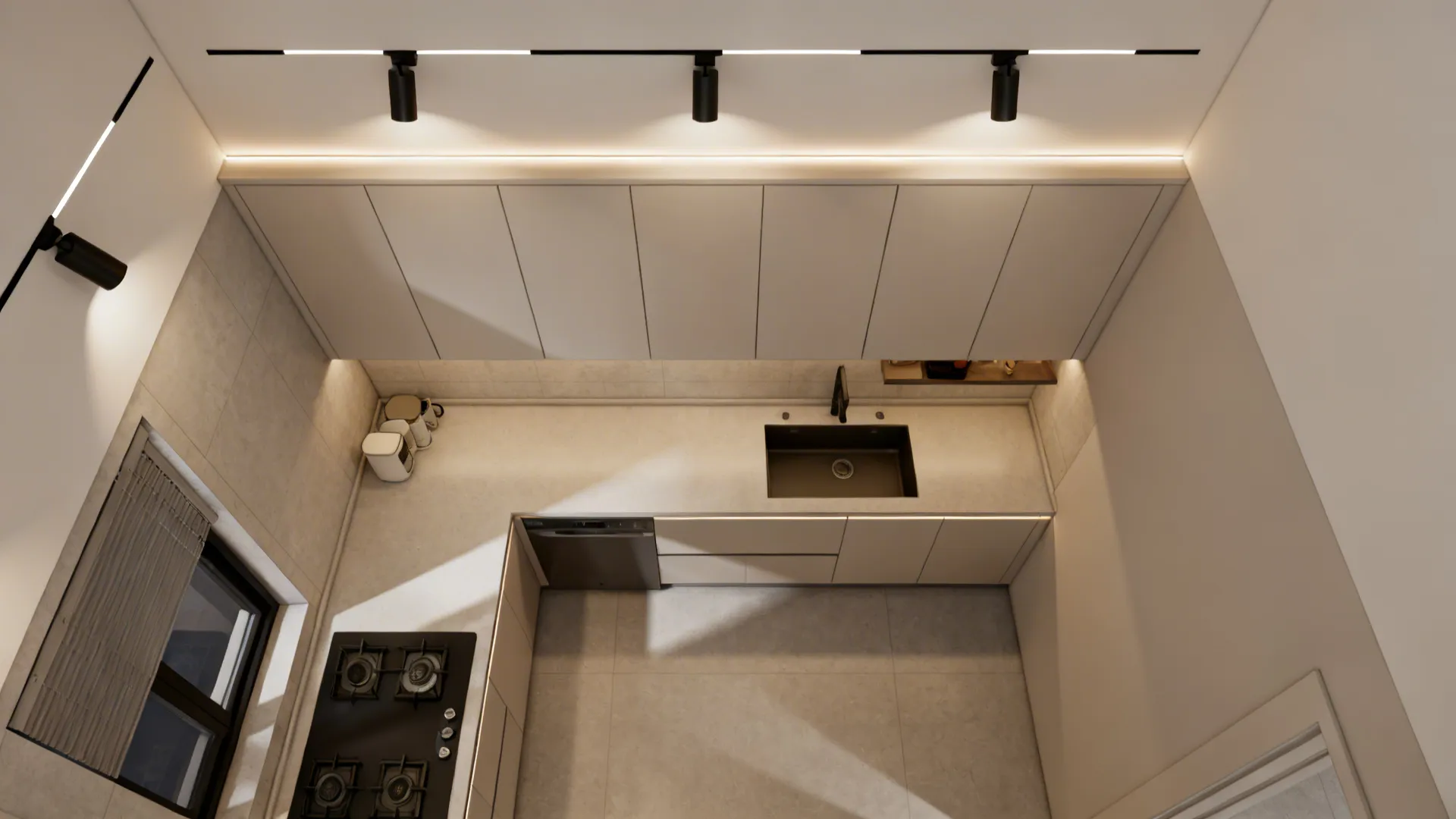 Top-down plan showing ambient fixtures, under-cabinet LED runs, and a cove uplight zone in a small kitchen.