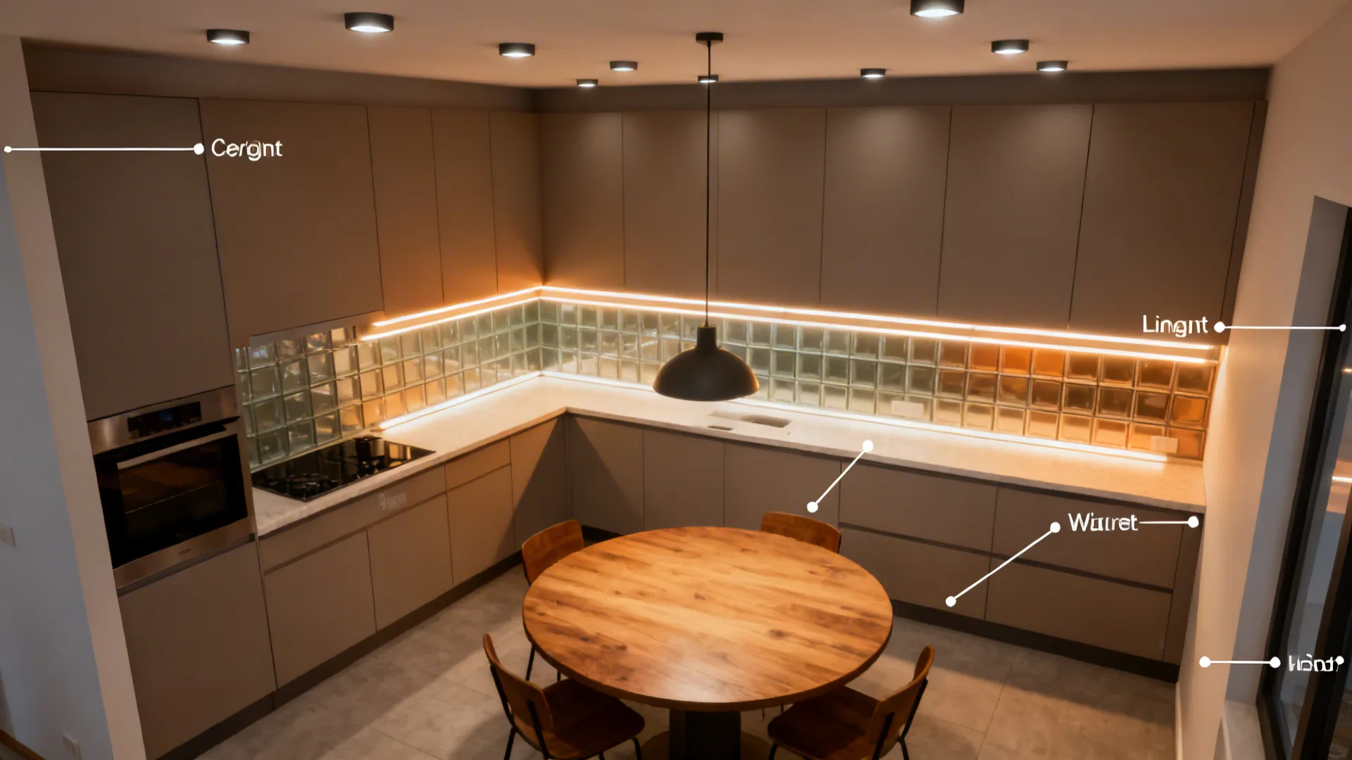 Top-down view showing ambient spots, under-cabinet strips, and a pendant over the dining table in a small kitchen diner.