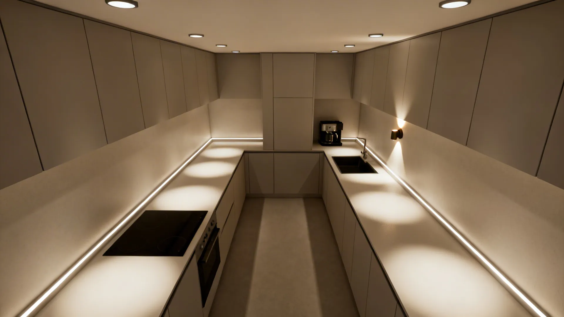Top-down lighting layout showing ambient cans, under-cabinet strips, and a focused sconce zone.