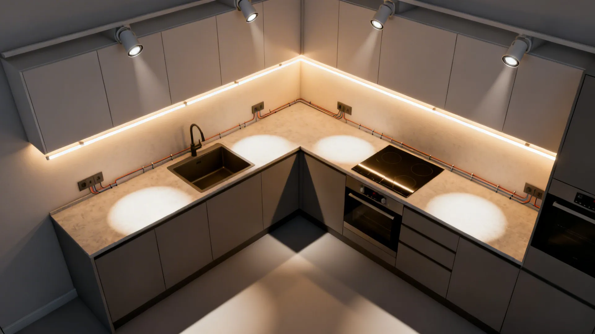 Top-down view showing ambient ceiling cans, under-cabinet task strips, and wall-wash accent.