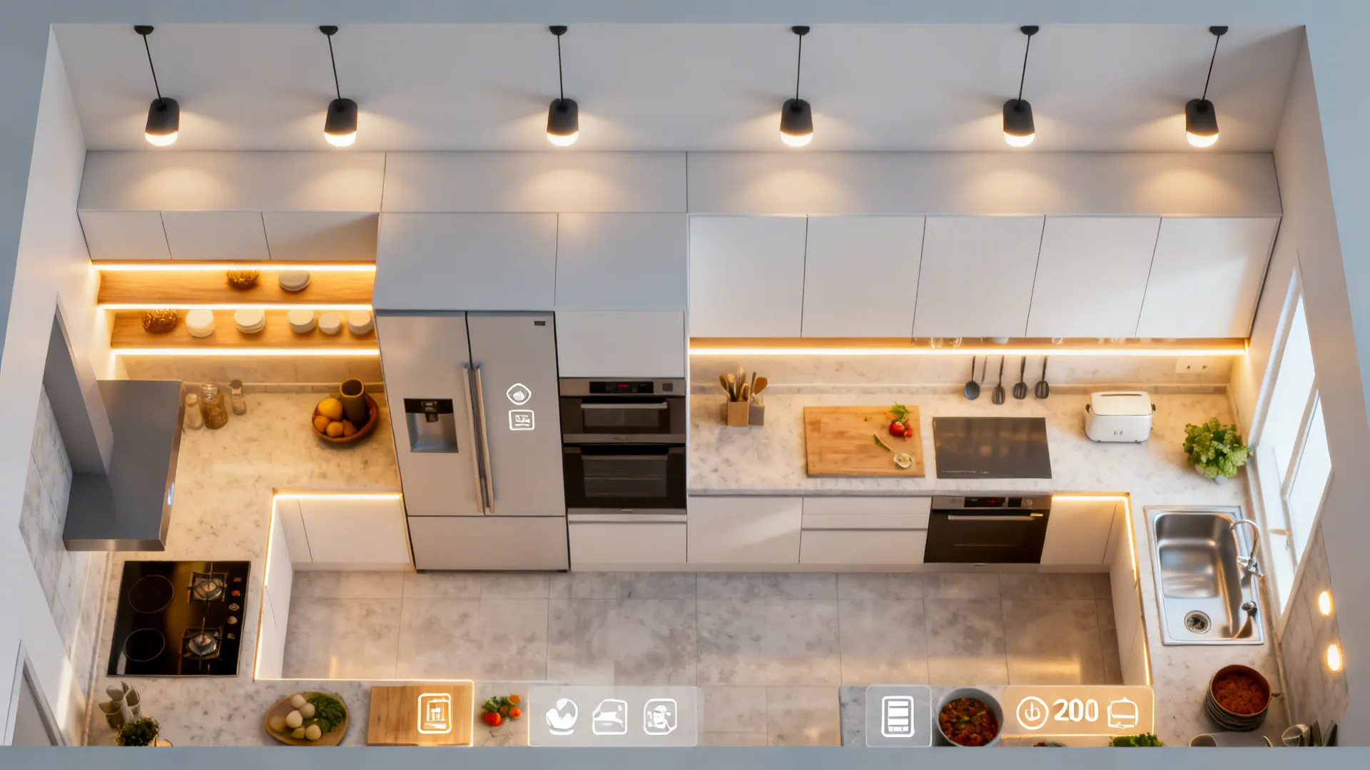 Top-down lighting plan showing ambient, task, and accent layers in a compact kitchen.