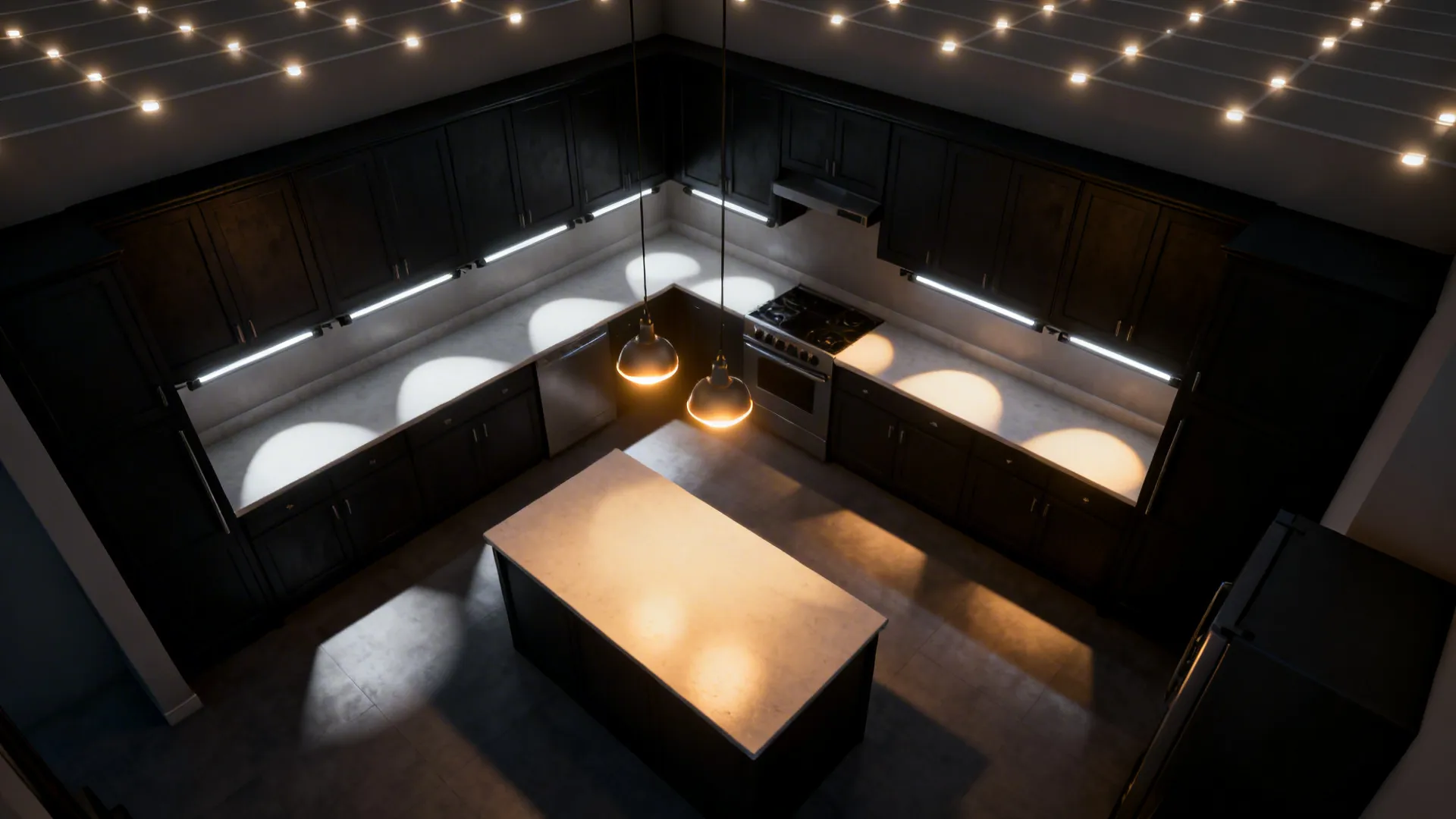 Top-down visualization of layered kitchen lighting with task, pendant, and ceiling grid.