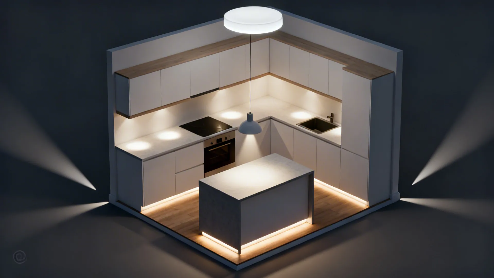 Top-down visualization of layered lighting cones in a compact kitchen.