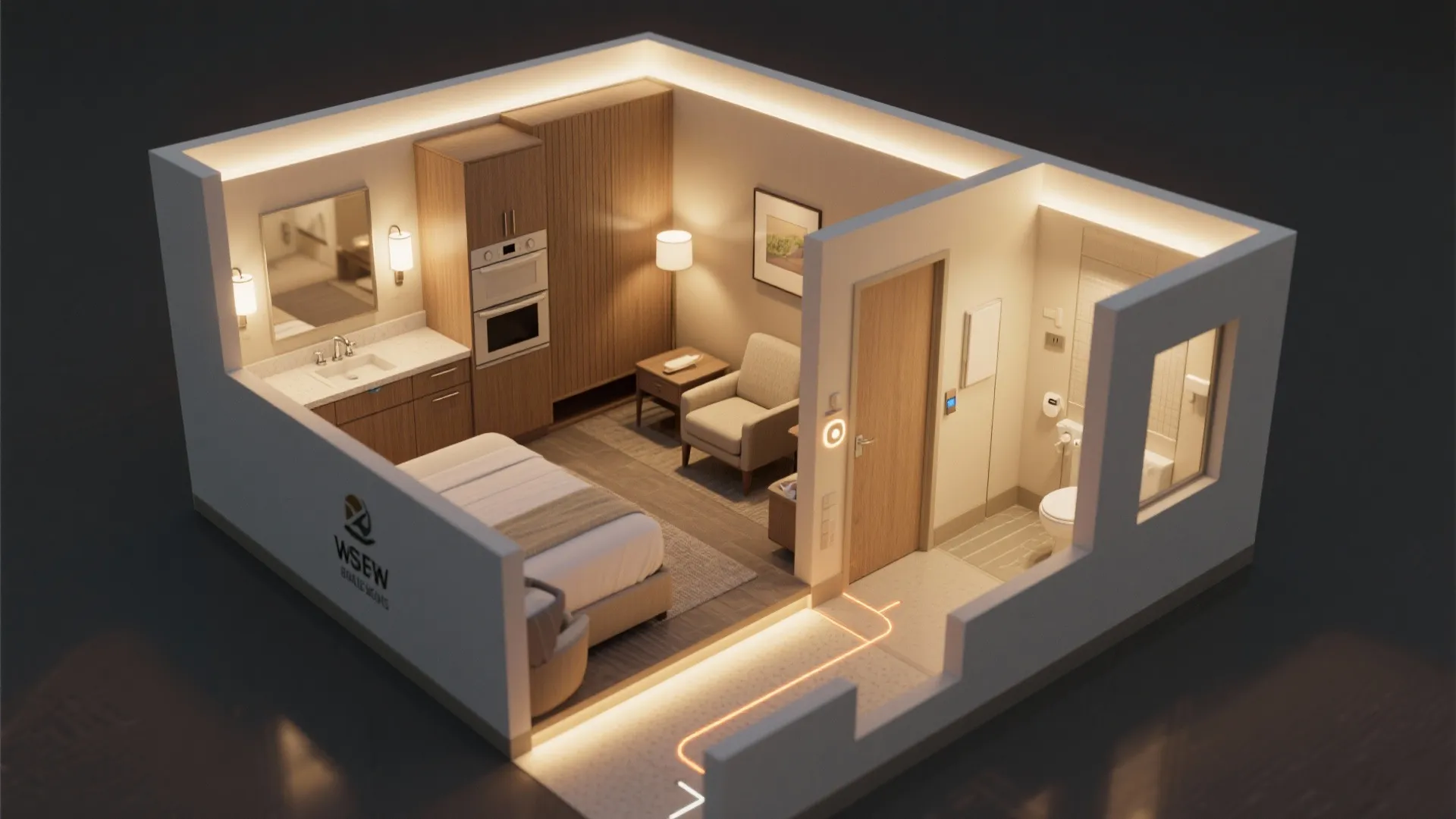Interior design drawing showing small apartment room layout with bed, bathroom, kitchen, and light fixtures