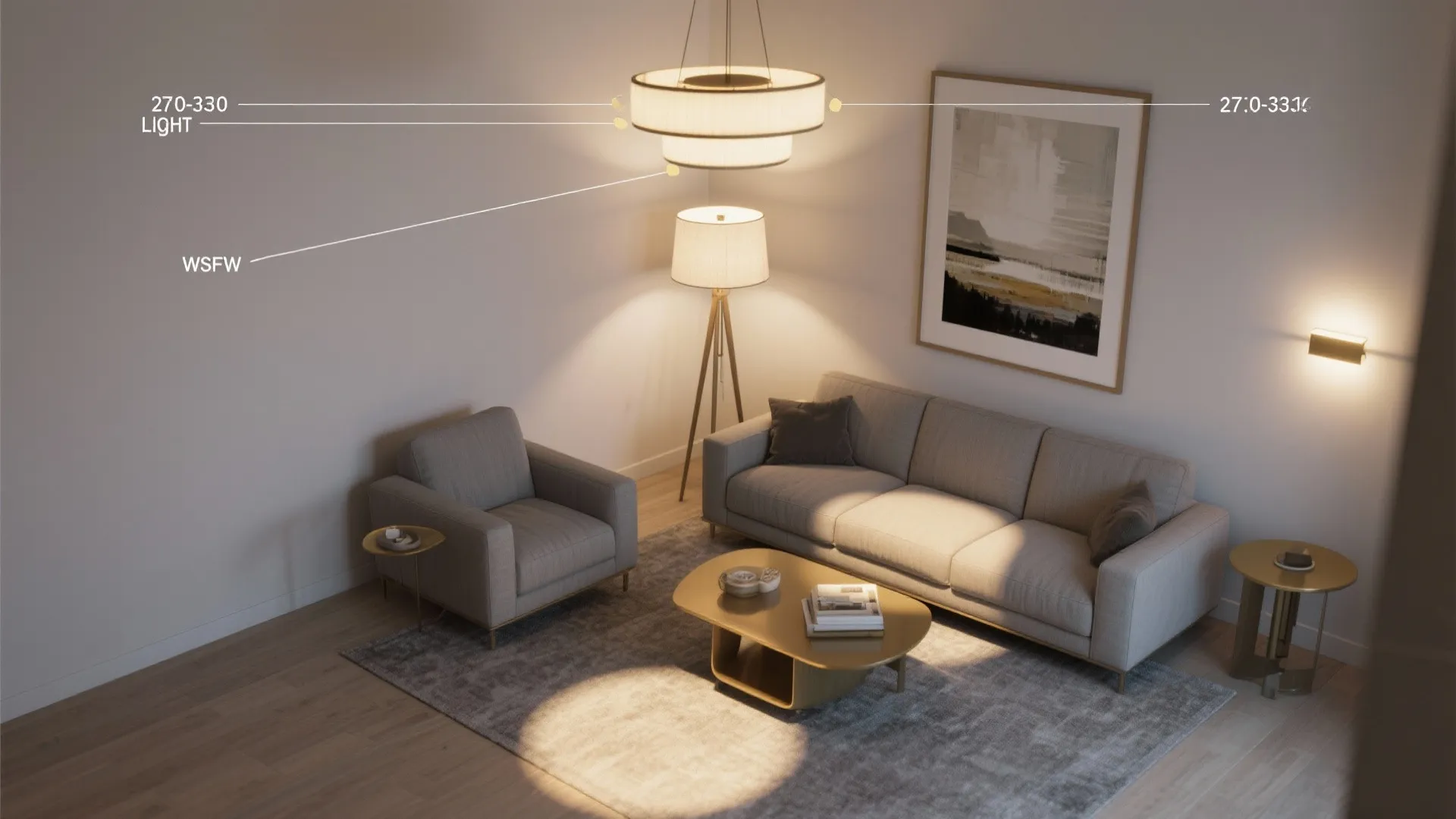 Living room lighting plan showing a ceiling light floor lamp and wall light with labels