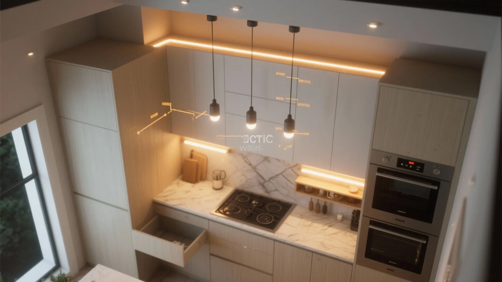 Top down view of kitchen with three hanging ceiling lights and white marble counter top