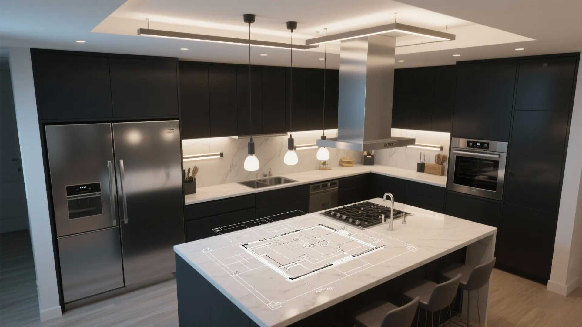 Modern black kitchen with island showing a white floor plan overlay on the marble surface