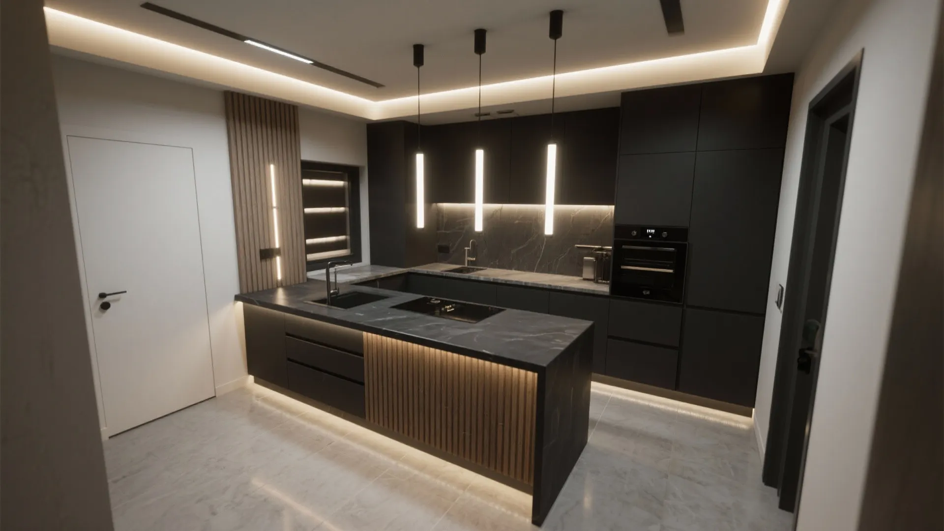 Top-down view of kitchen lighting plan with pendants and under-cabinet LEDs shaping a black island.