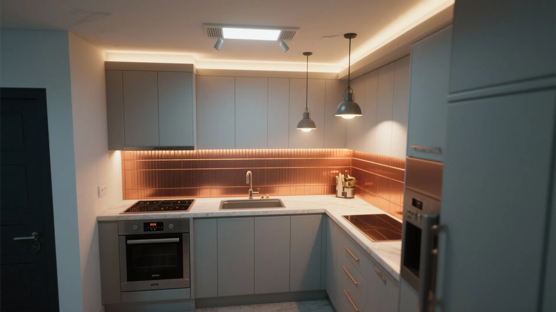 Top-down render of a galley kitchen showing layered lighting and copper accent placement.