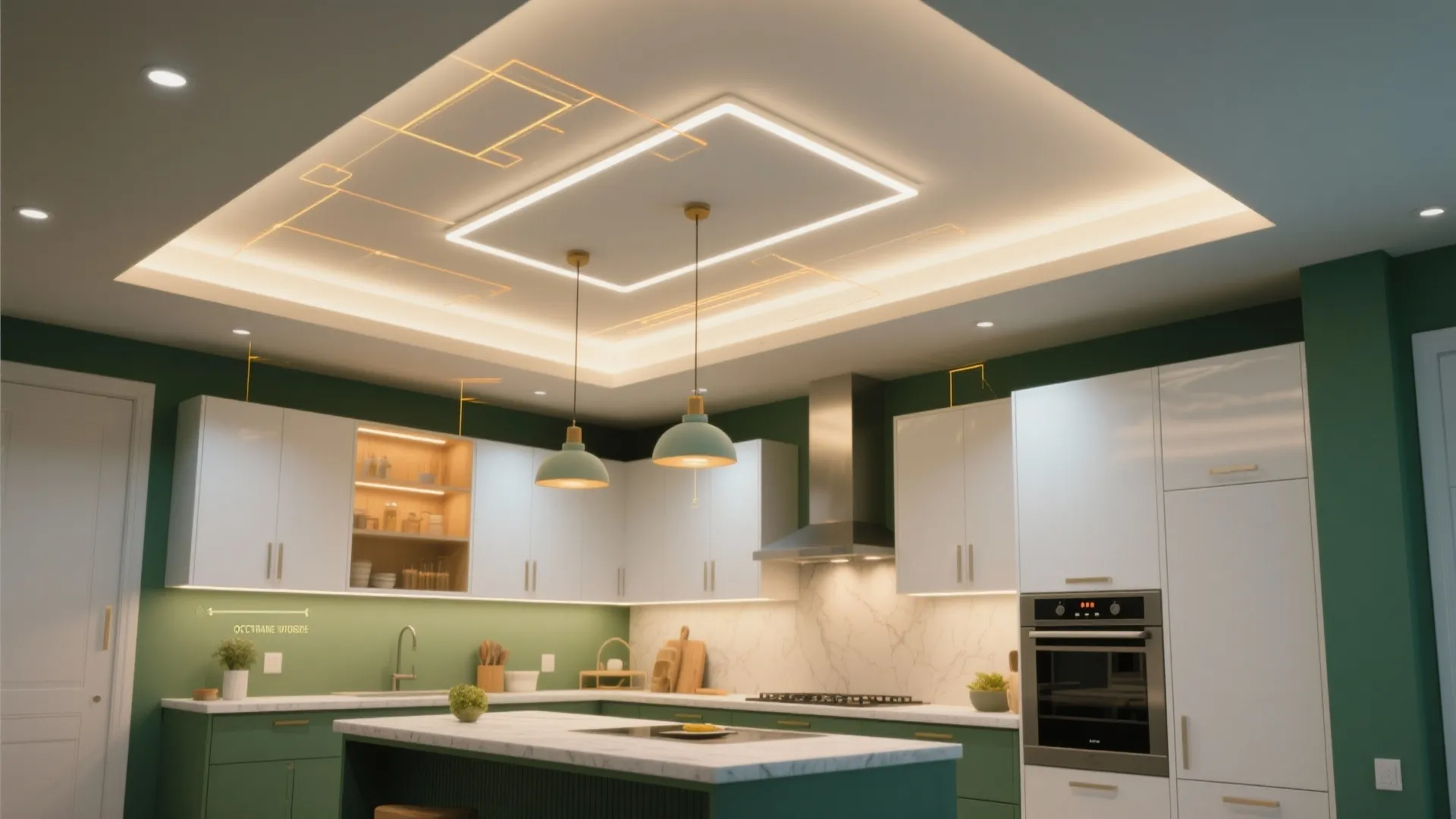 Top-down view of a kitchen lighting layout with ambient, task, and under-cabinet lights in a white-and-green kitchen.