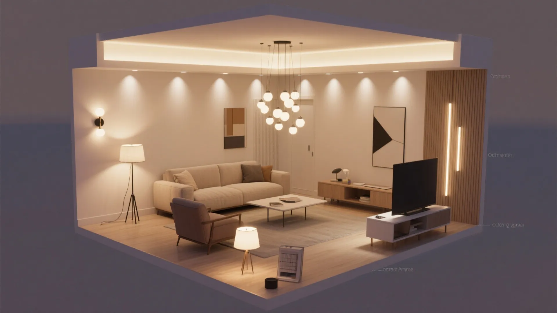 Top-down visualization of lighting layers for a small living room showing ambient, task and accent placements.