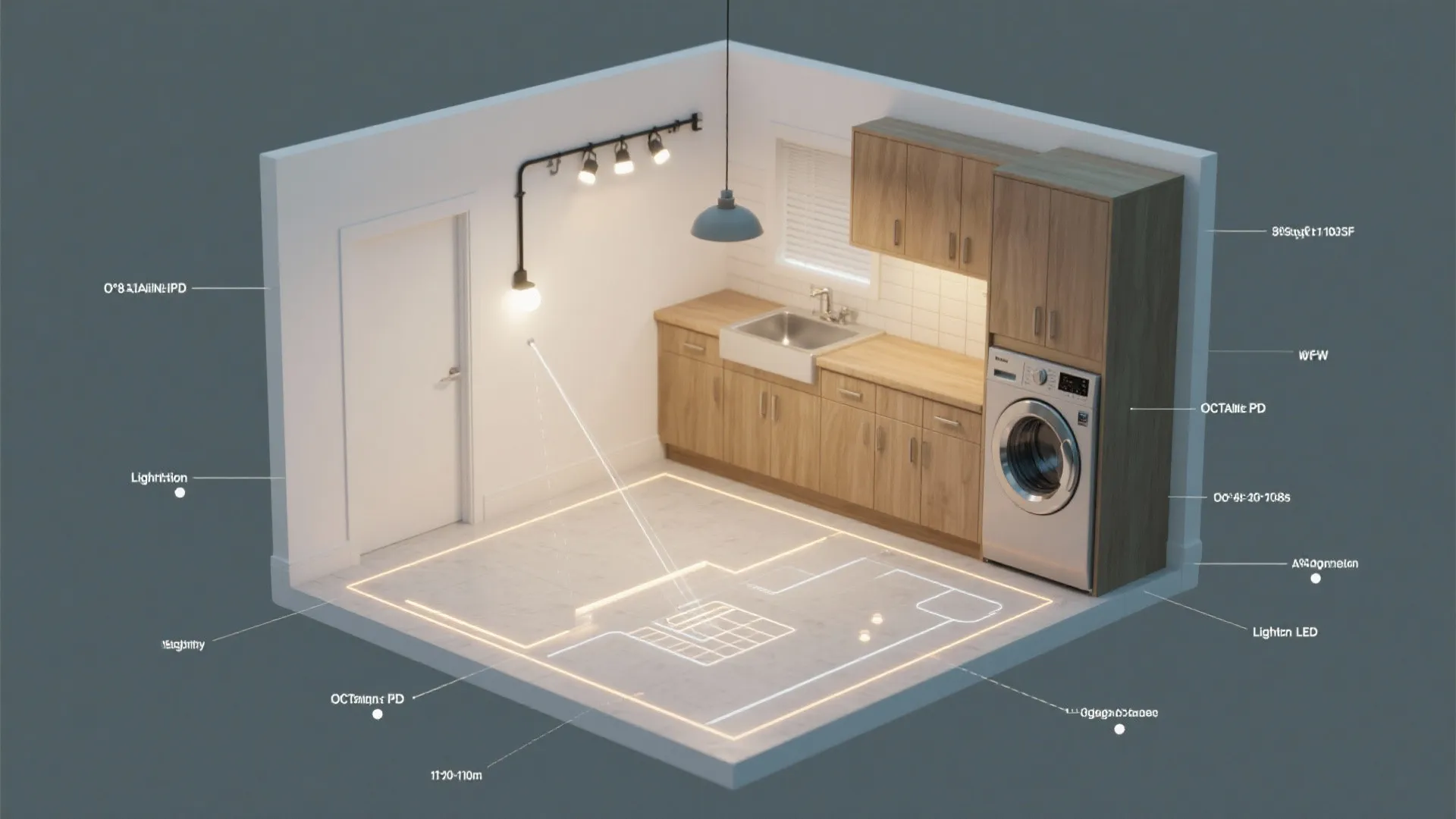 Interior design drawing showing a laundry room layout with wood cabinets and labeled lighting plan