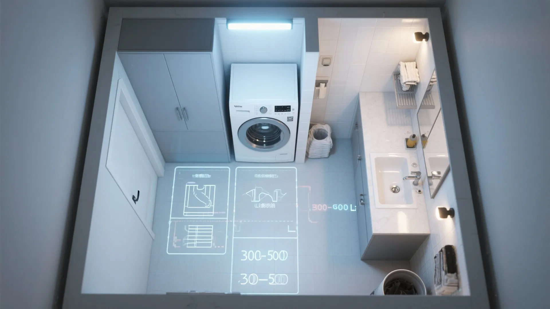 Top down view of laundry room with washing machine sink and digital room layout dimensions