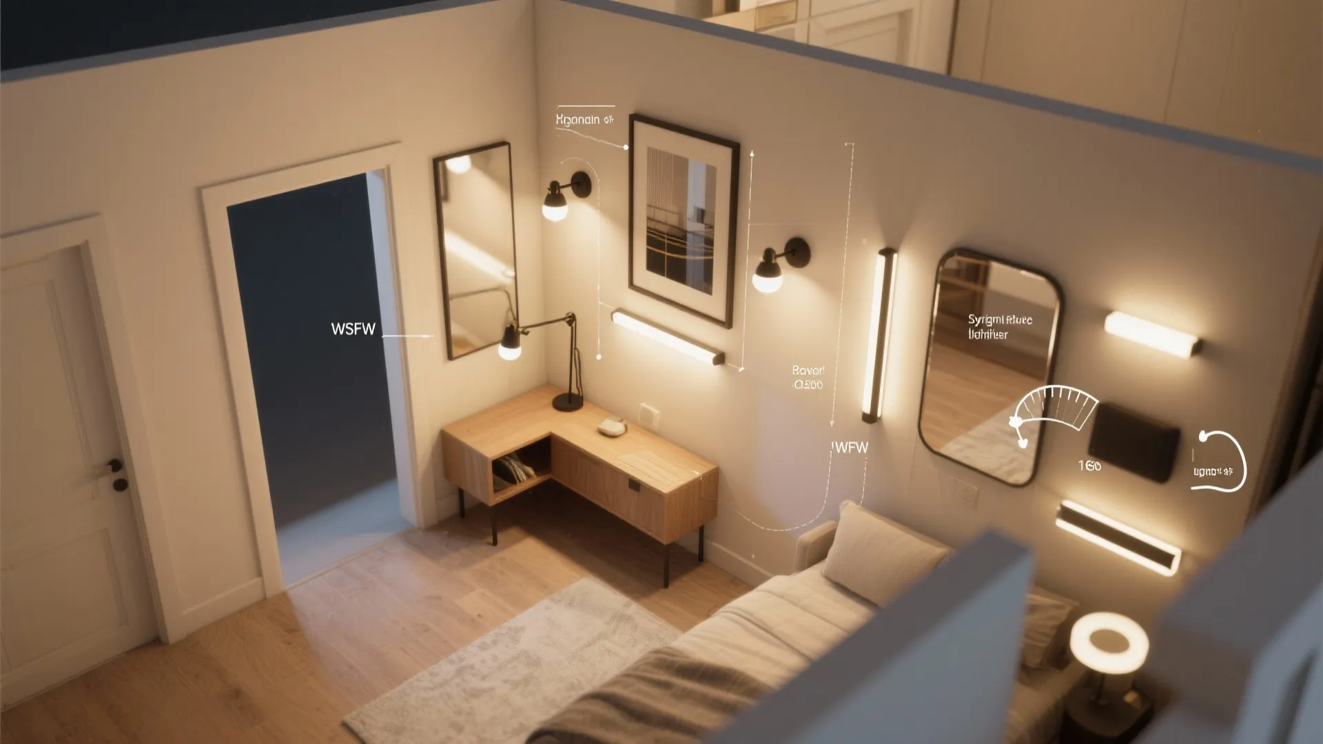 Top-down plan showing sightlines and task zones for wall lighting in a small apartment.