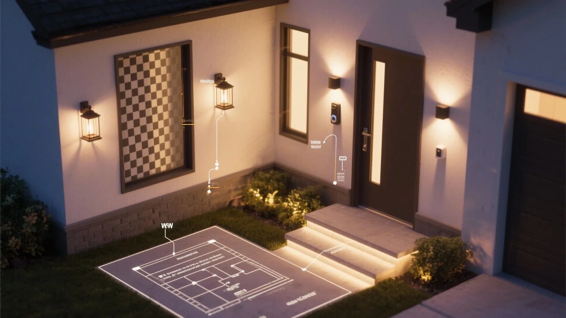 Top-down exterior lighting plan showing recommended sconce placements and illumination zones for a small porch