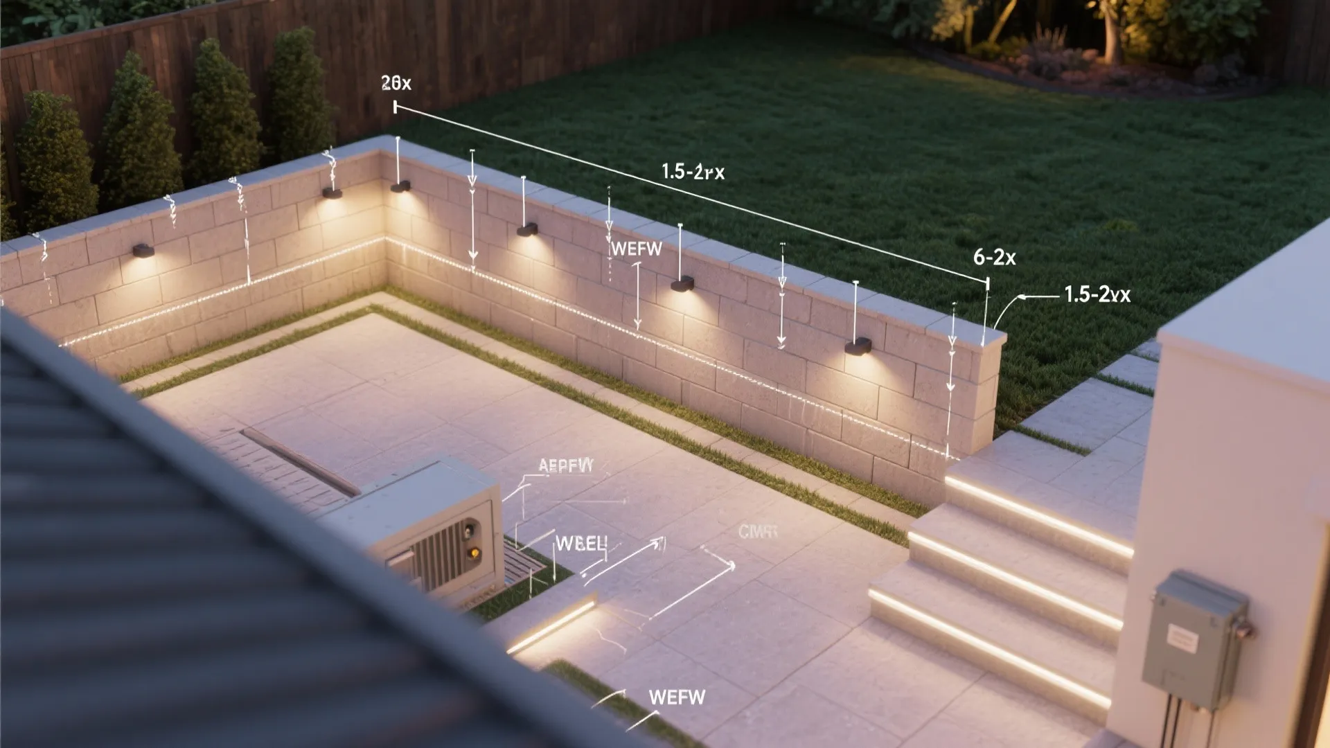 Backyard lighting plan showing distance measurements for wall light fixtures and stairs with glowing lights