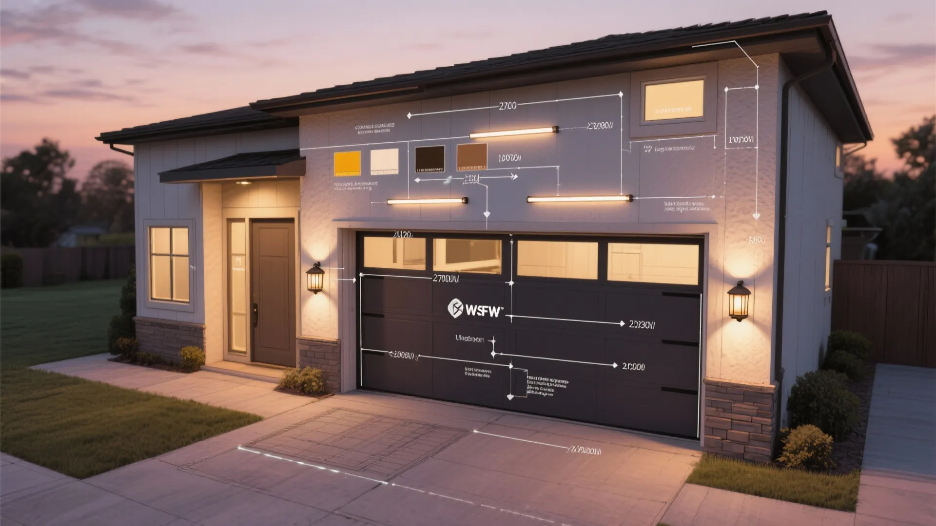 Exterior house design drawing showing outdoor wall light placement and technical measurements for garage lighting