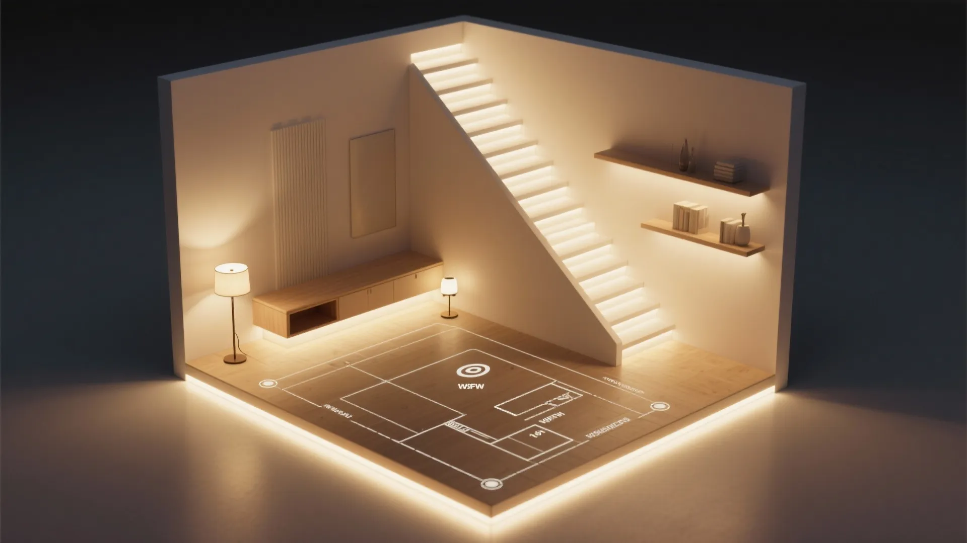 Top-down room planner view showing layered floor lighting placements and shadow checks