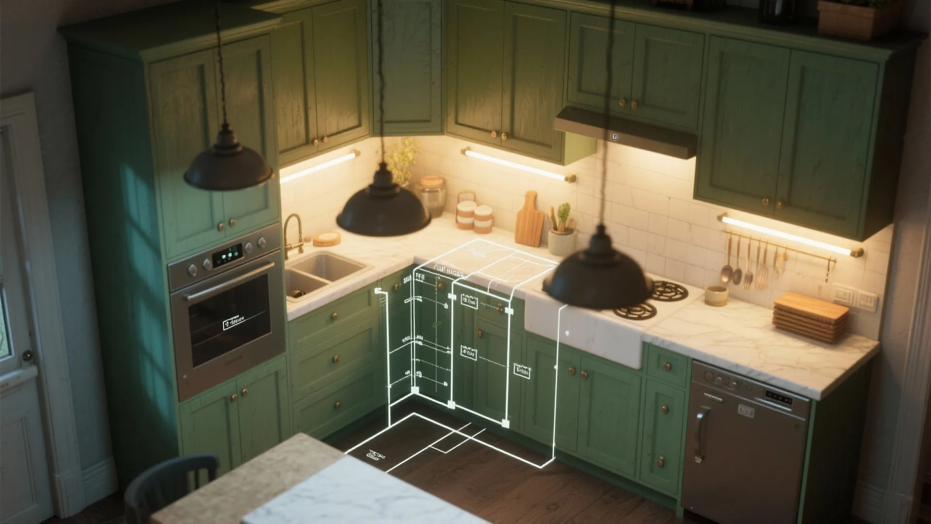 5. Balance vintage green with layered lighting