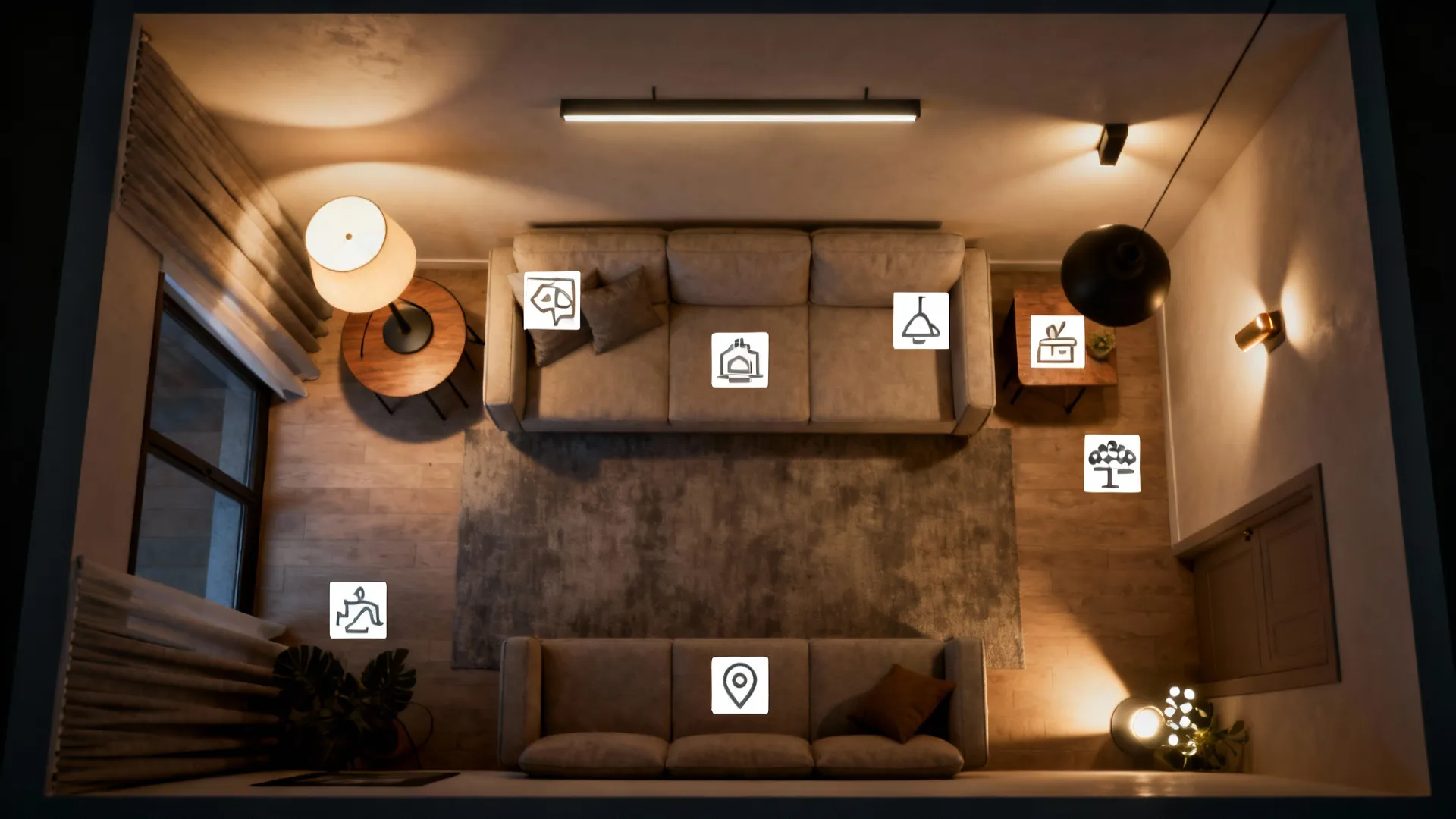Top-down lighting plan mapping ambient, task, and accent light sources in a small living room