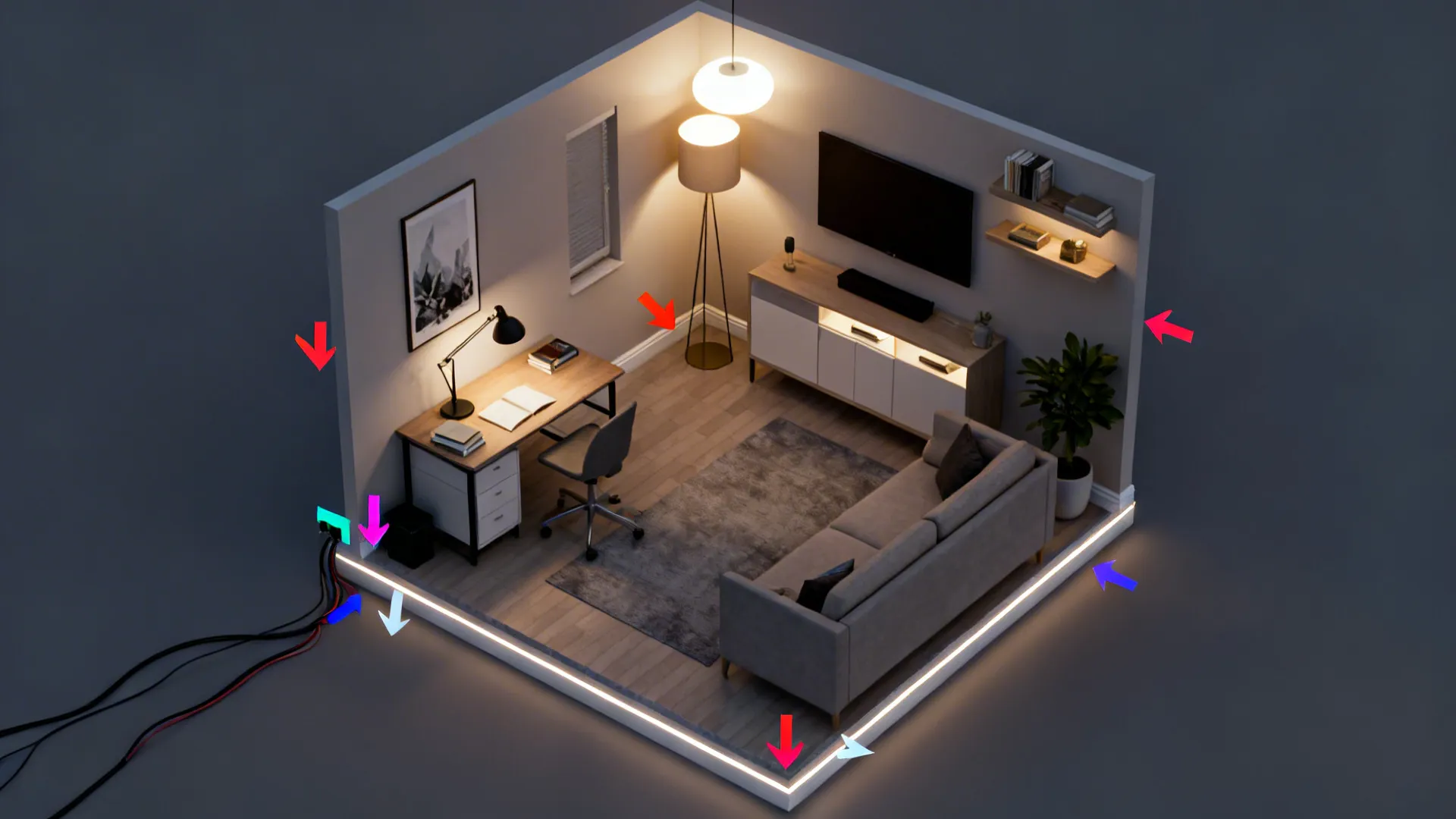 Interior design drawing showing a small room with sofa desk TV and various light fixtures