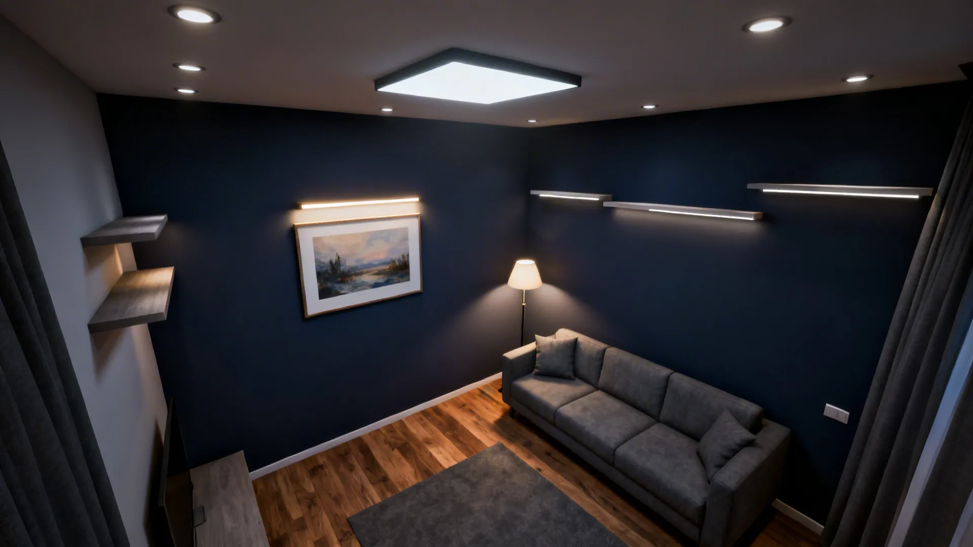 Top-down view of layered lighting zones in a compact living room with navy accents.