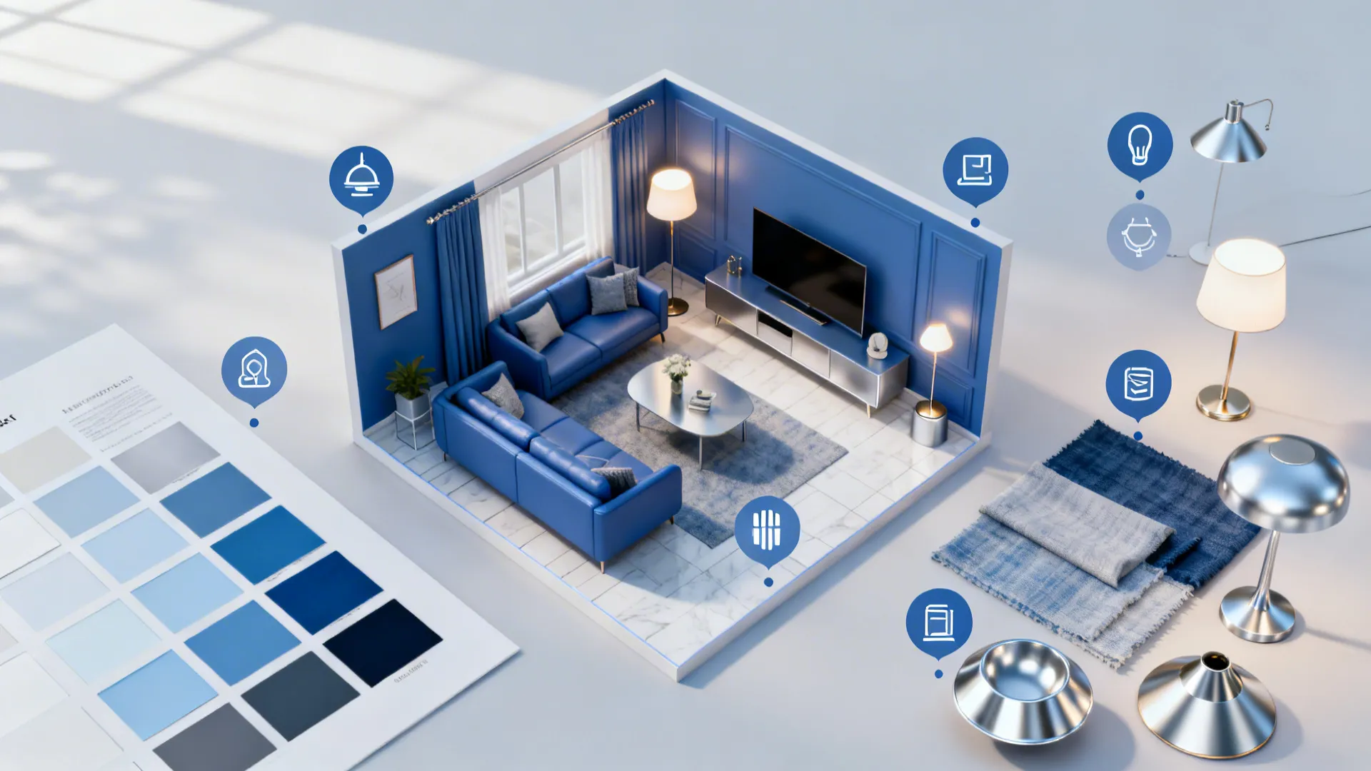 Top-down lighting plan and material samples for a blue and silver living room layout.