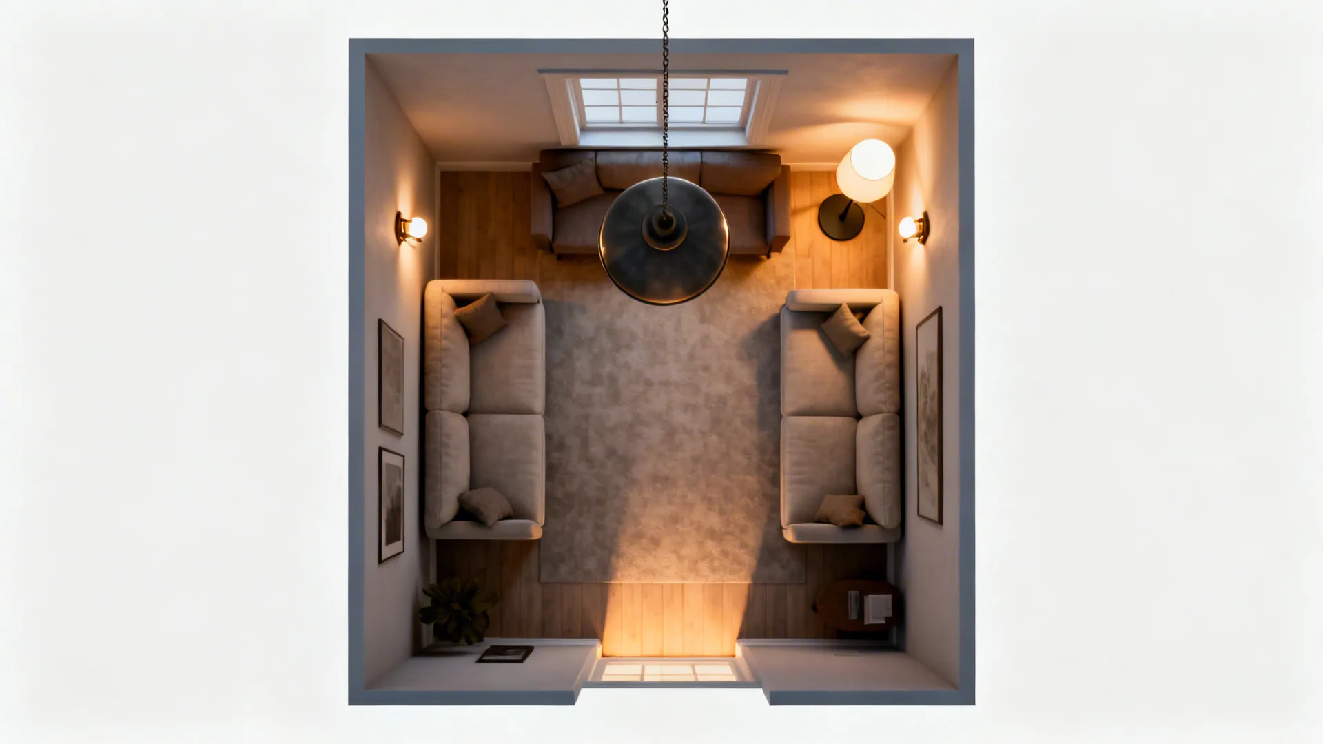 Top-down lighting layout of a small living room showing pendant, sconces and floor lamp