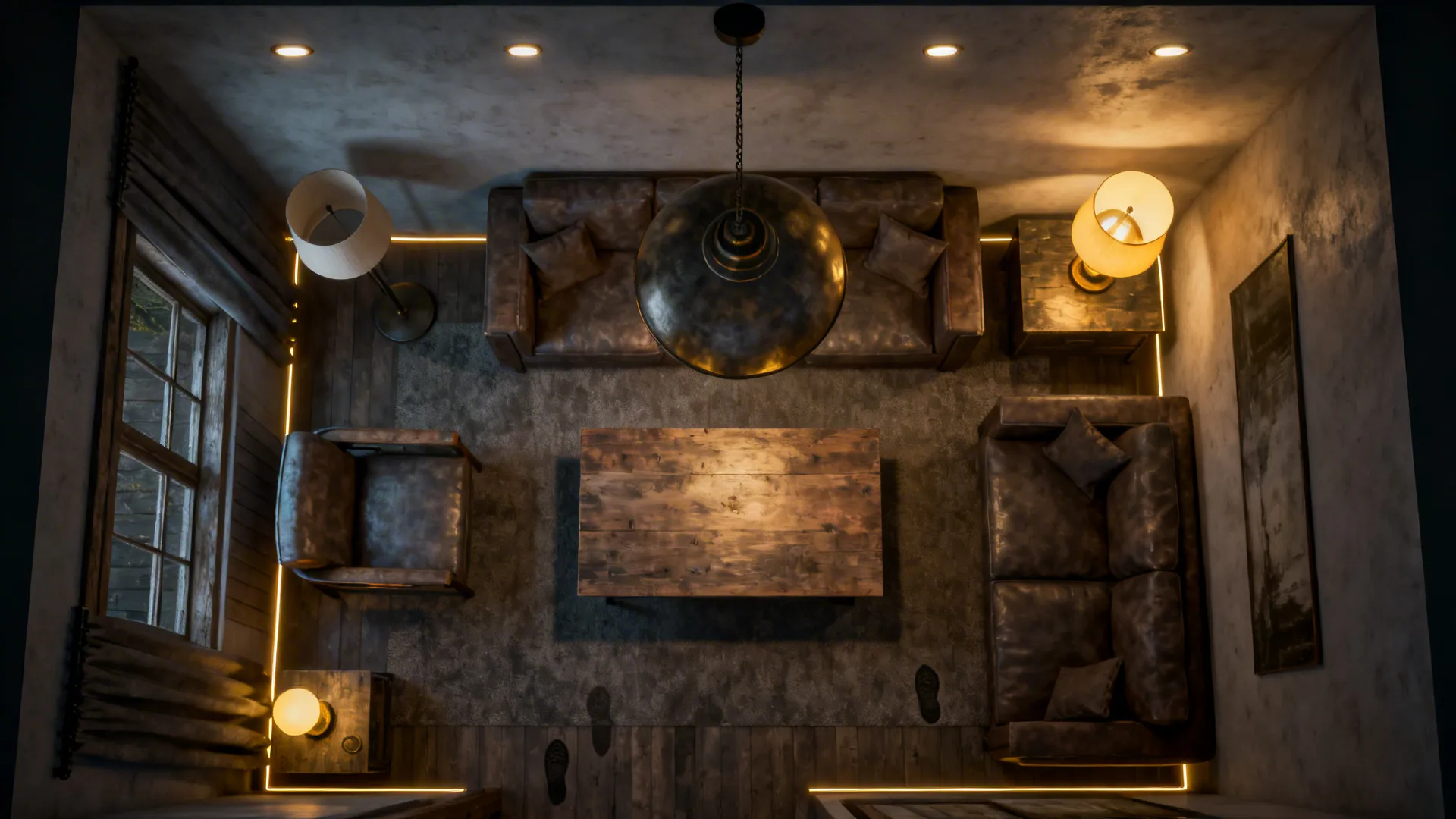 Top-down view of layered lighting plan with ambient, pendant and task lights in a modern-rustic living room