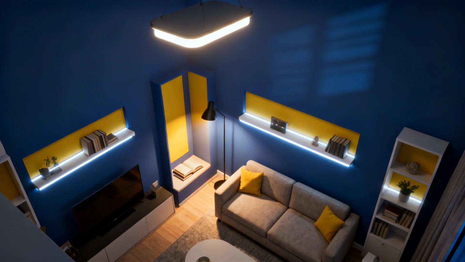 Top-down lighting plan showing layered warm lighting on a royal blue accent wall and yellow accents