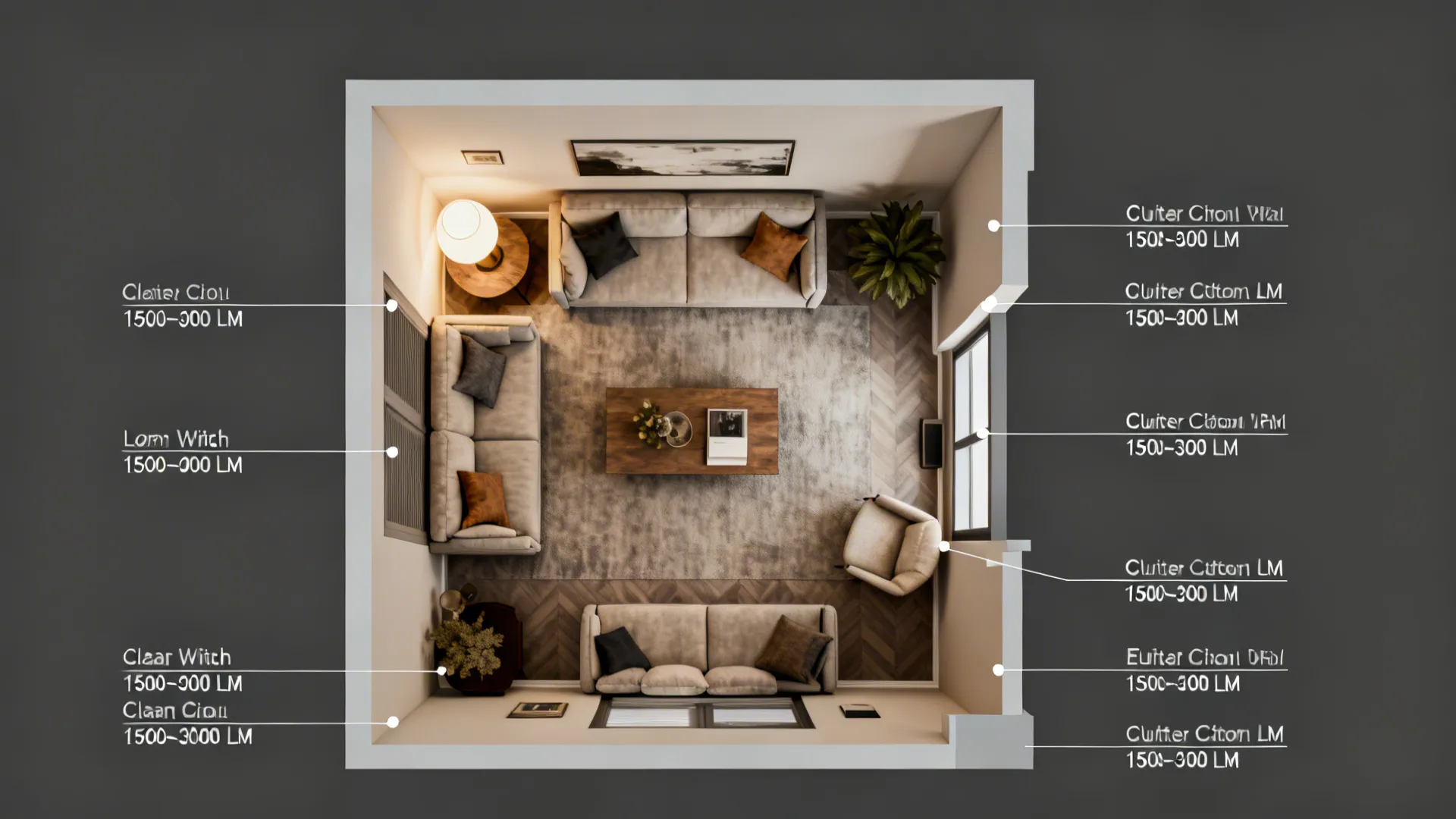 Top-down living room plan with fixture zones, switch locations and lumen annotations.