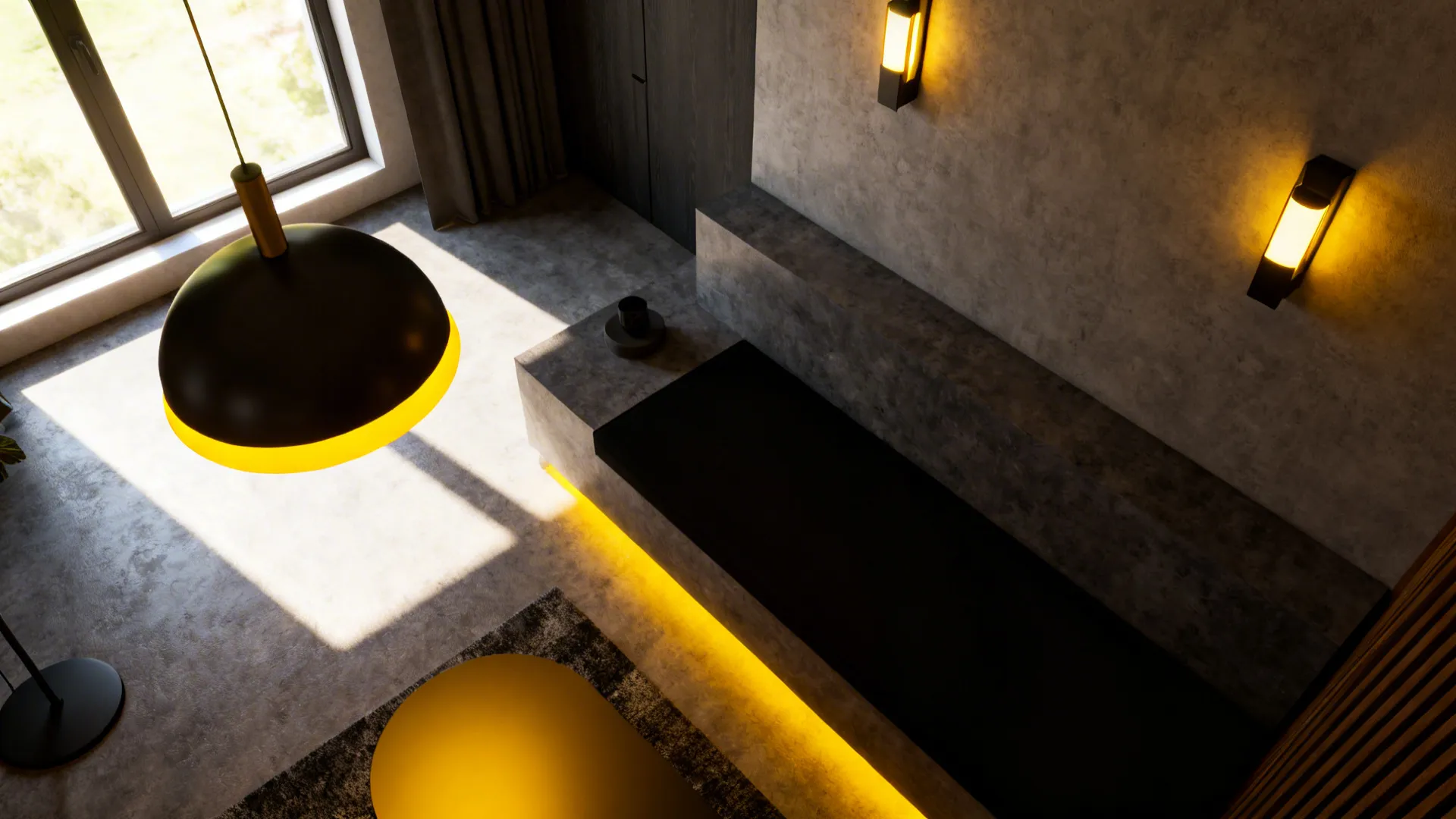 Modern dark interior design drawing with ceiling light wall light and warm yellow ambient lighting