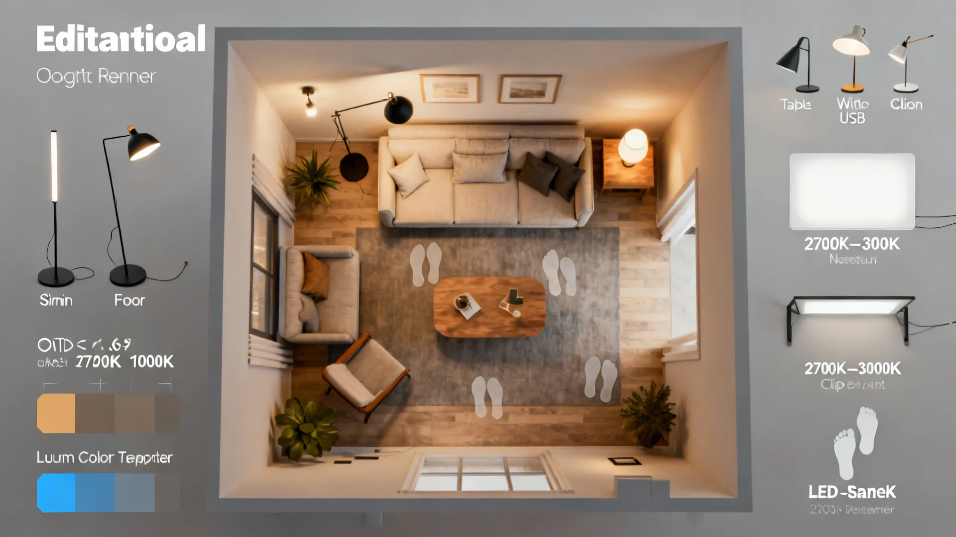 Top-down lighting plan for a small living room showing lamp placements and notes on color temperature