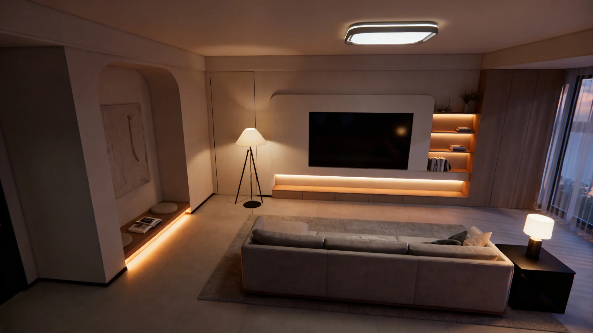 Top-down mockup of living room lighting zones: ambient, task, and accent lighting.