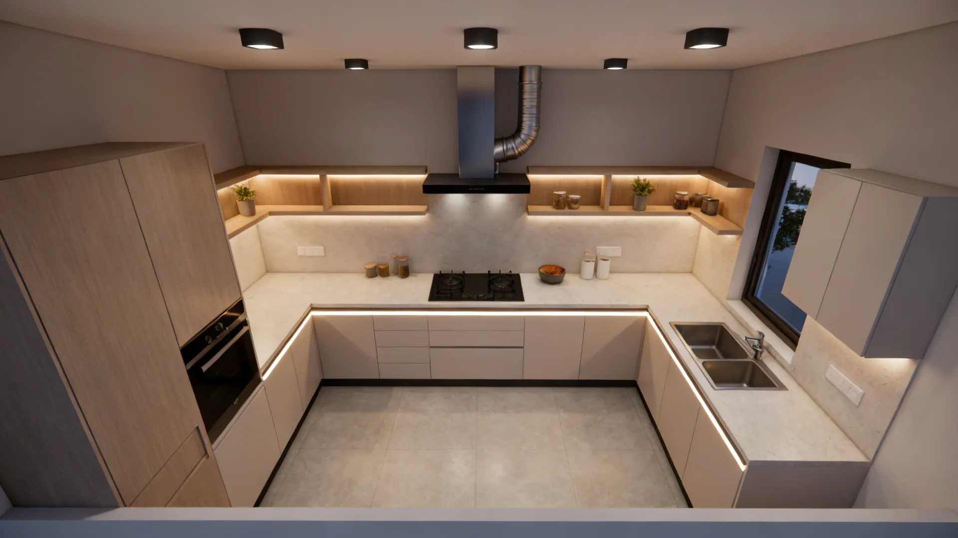 Top-down view of layered lighting and hood duct path with daylight from east and north.