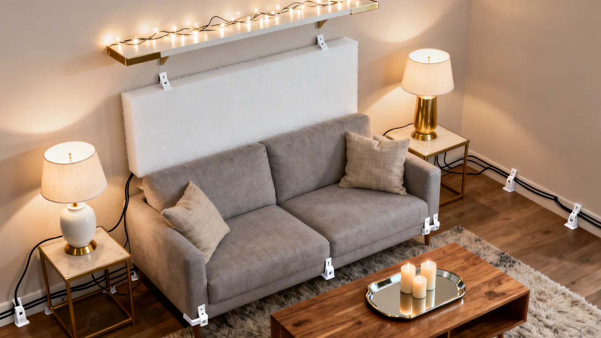 Top-down layout showing placements of lamps, fairy lights, and candles for layered romantic lighting.