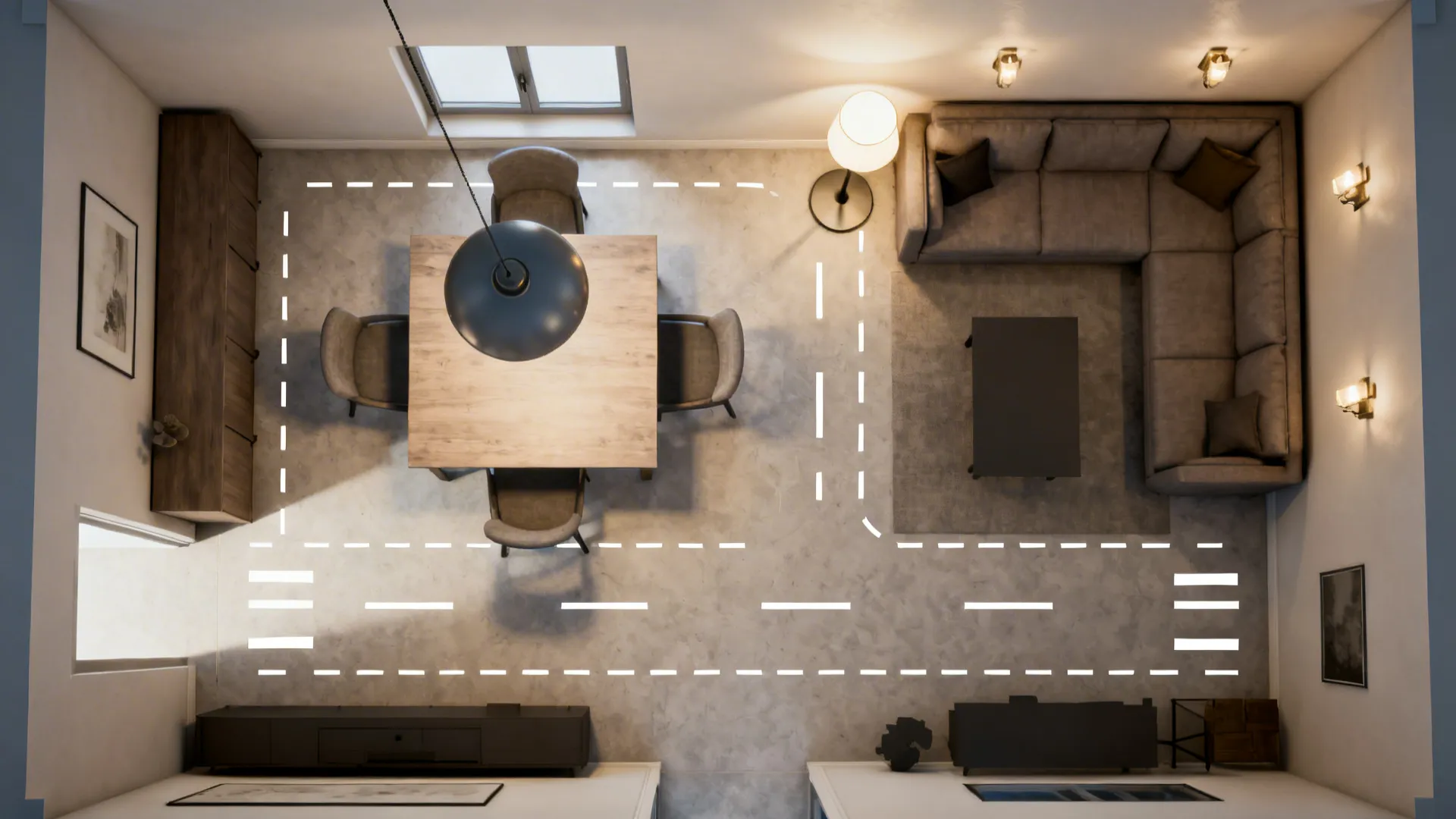 Top-down view of a small living-dining layout showing pendant over table and ambient lights in the lounge.