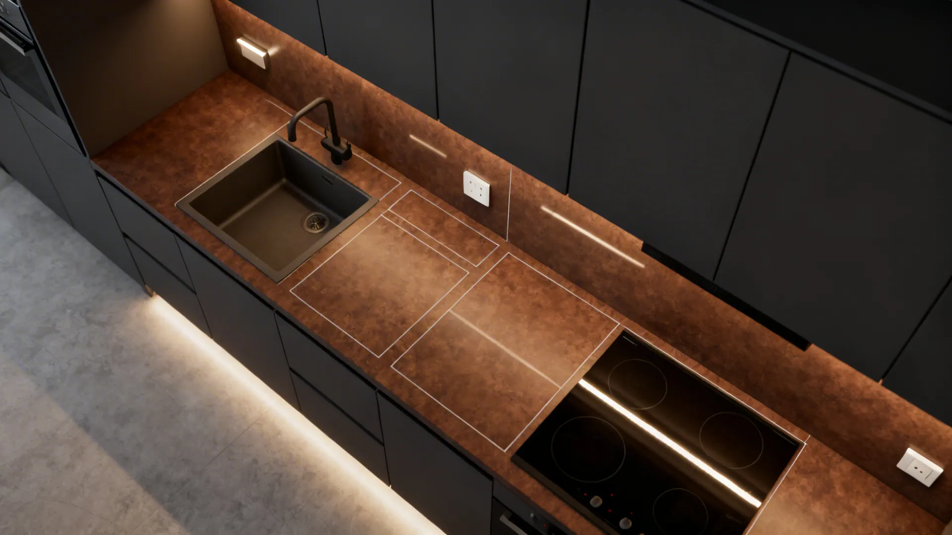 Top-down view mapping slim LED strips over a Baltic Brown countertop with task zones.